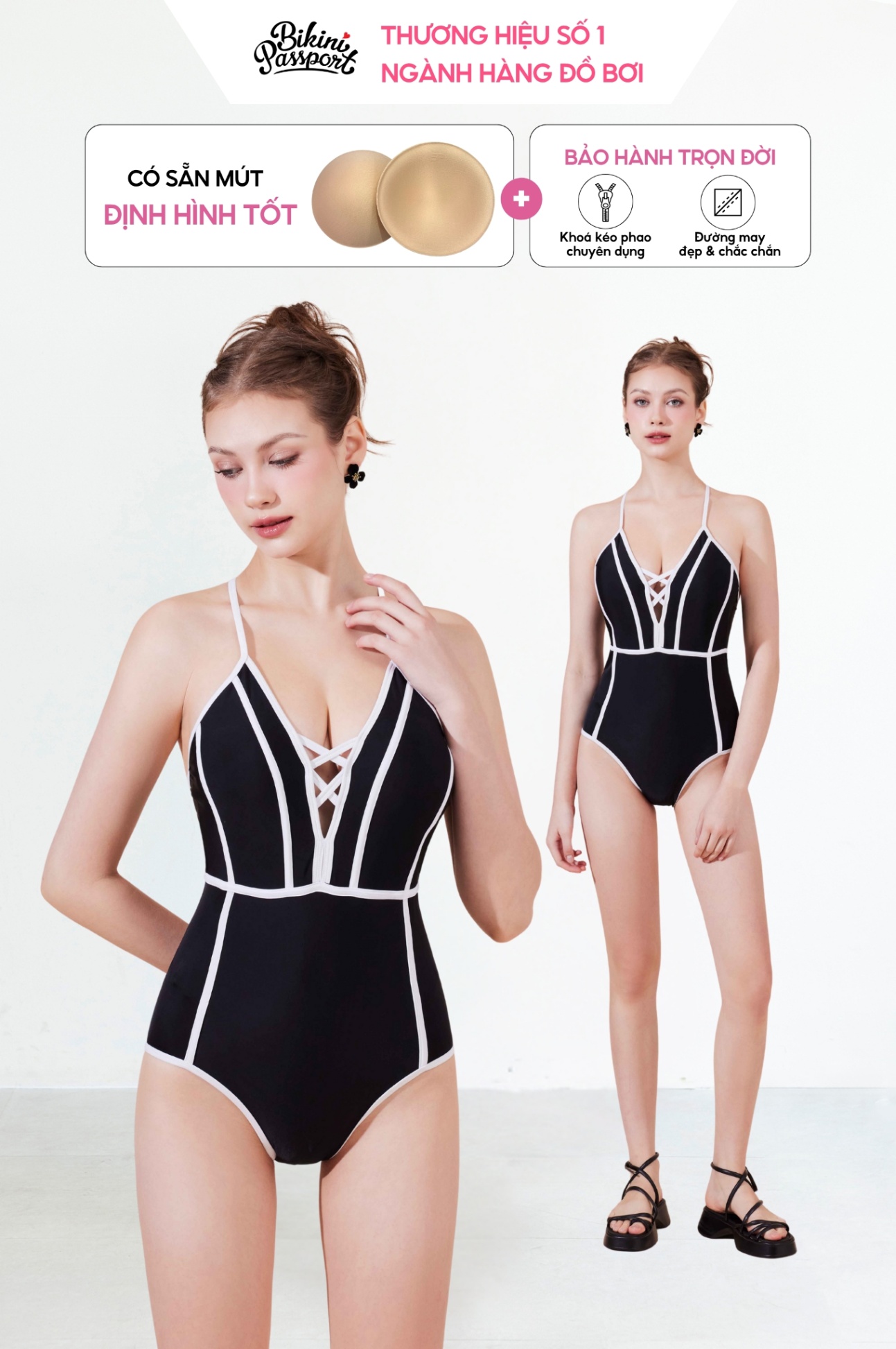 Đồ bơi BIKINI PASSPORT một mảnh cổ V phối kiểu - Đen