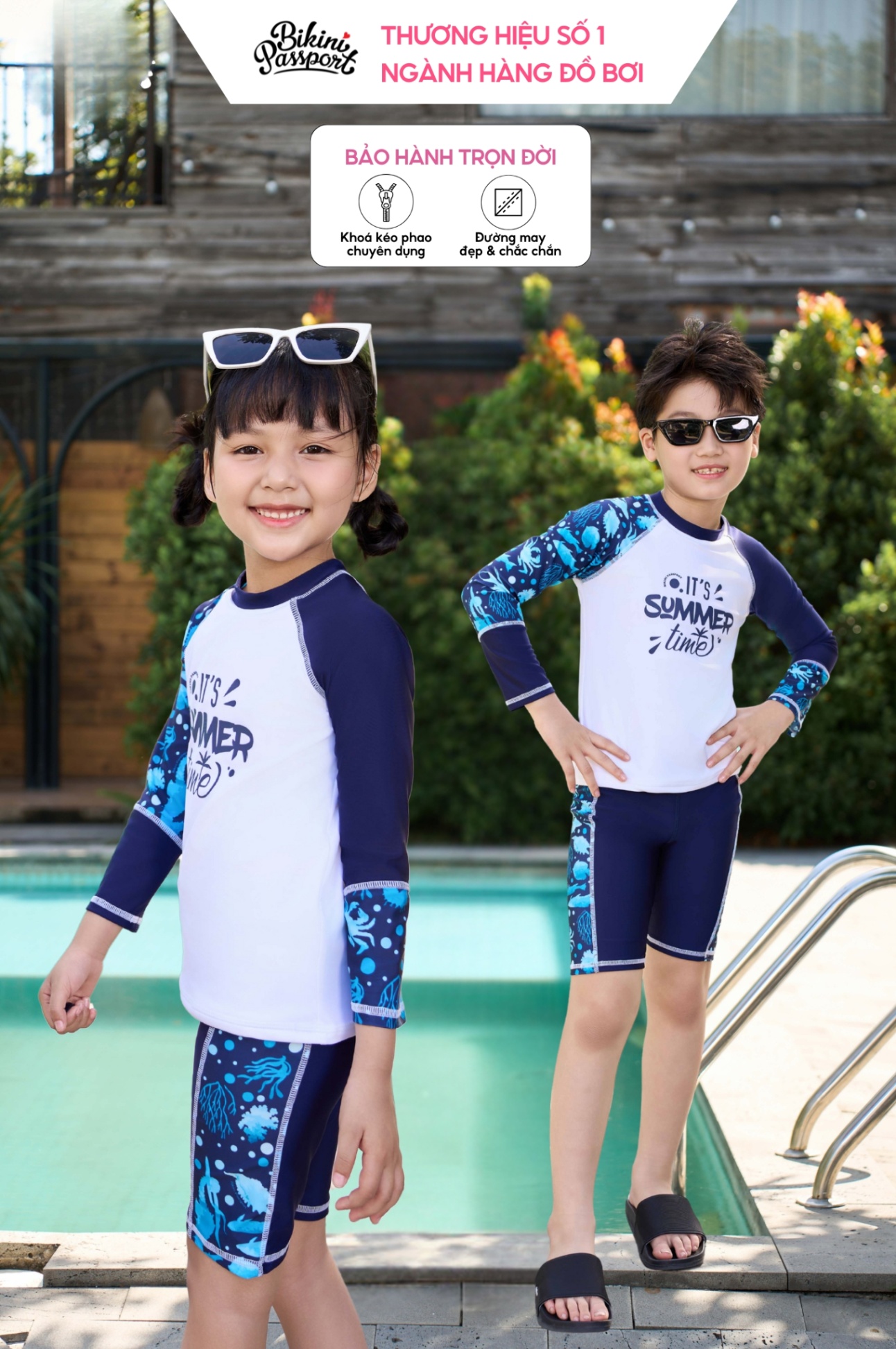 Đồ bơi Unisex cho bé dạng quần lửng, áo có tay - Xanh Họa tiết