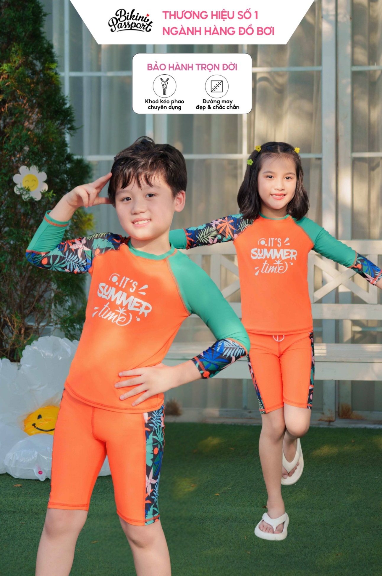 Đồ bơi Unisex cho bé dạng quần lửng, áo có tay - Đen
