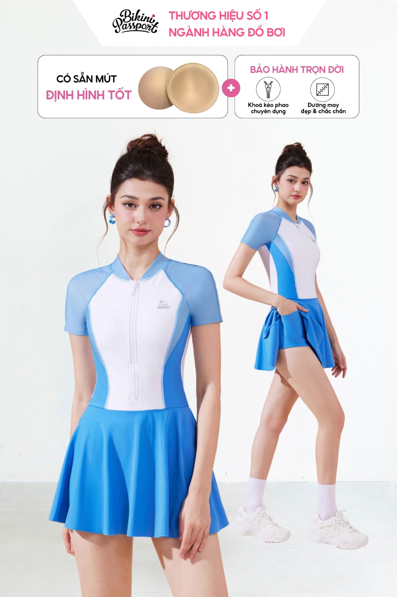 Đồ bơi BIKINI PASSPORT một mảnh váy tay ngắn 4kim - Xanh Trắng