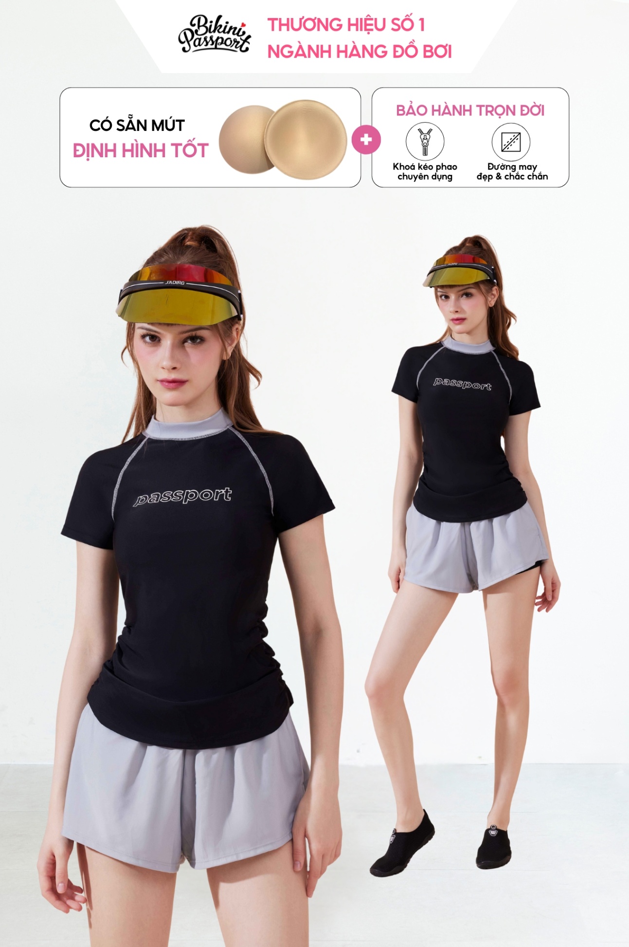 Đồ bơi BIKINI PASSPORT hai mảnh short ngắn - Đen Xám