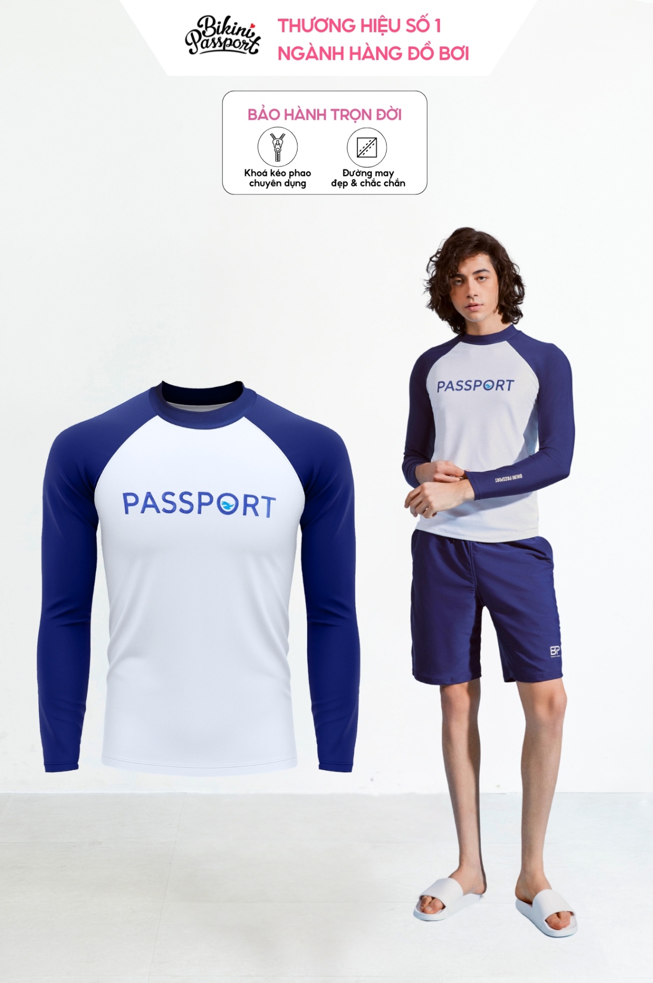 Áo bơi Nam BIKINI PASSPORT tay dài - màu Xanh Navy