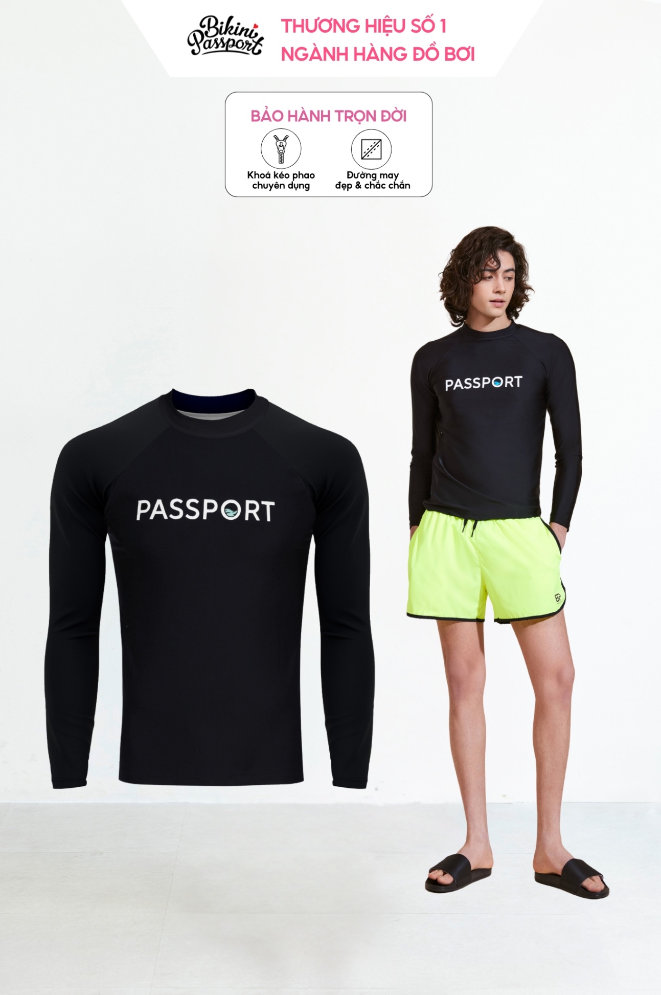 Áo Bơi Nam BIKINI PASSPORT kiểu tay dài - Đen