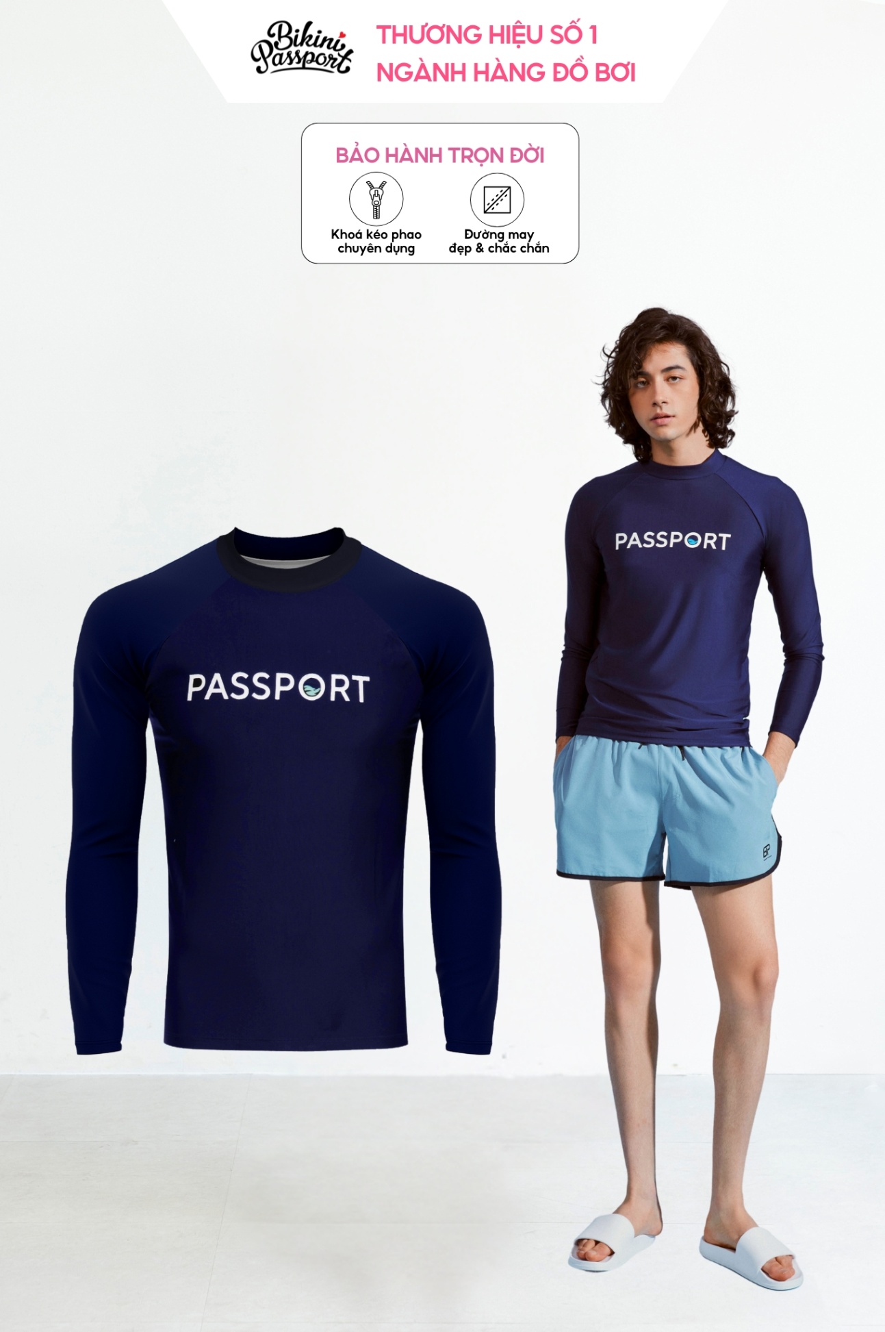 Áo Bơi Nam BIKINI PASSPORT kiểu tay dài - Xanh Navy