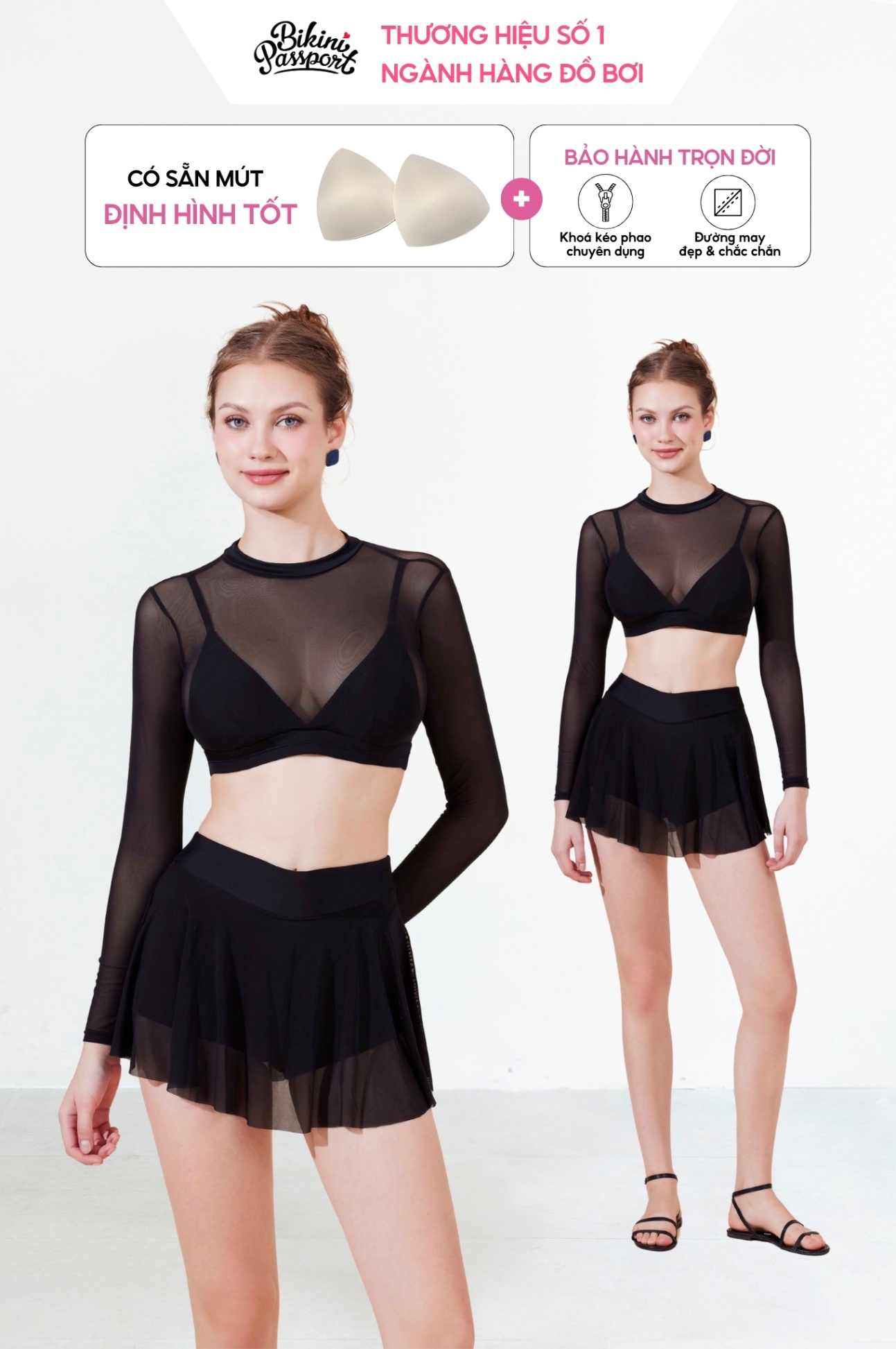 Đồ bơi BIKINI PASSPORT hai mảnh váy lưới tay dài - Đen