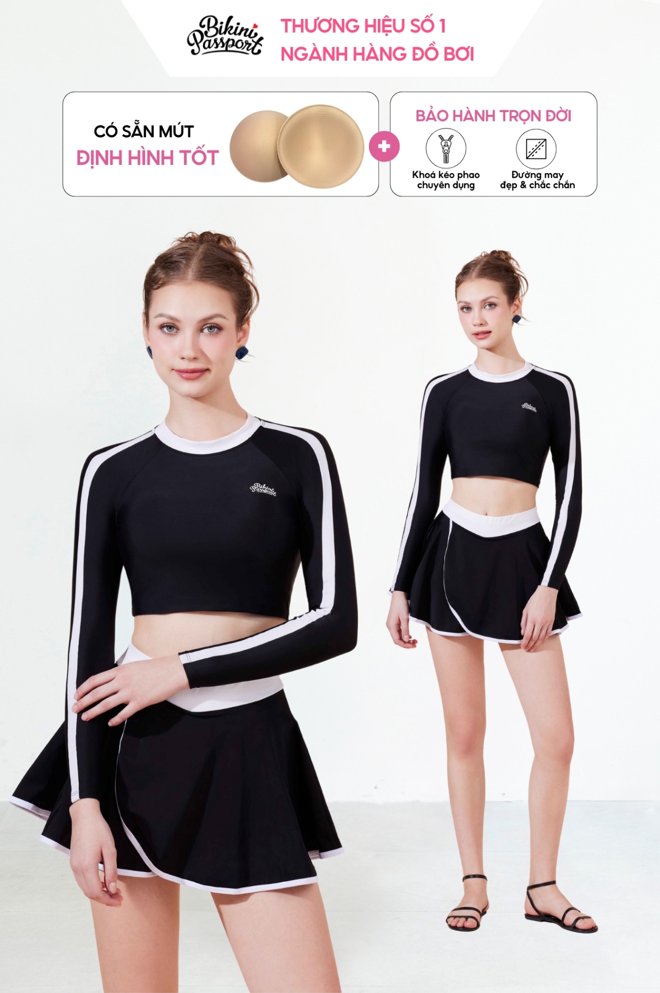 Đồ bơi BIKINI PASSPORT hai mảnh váy tay dài - Đen Trắng