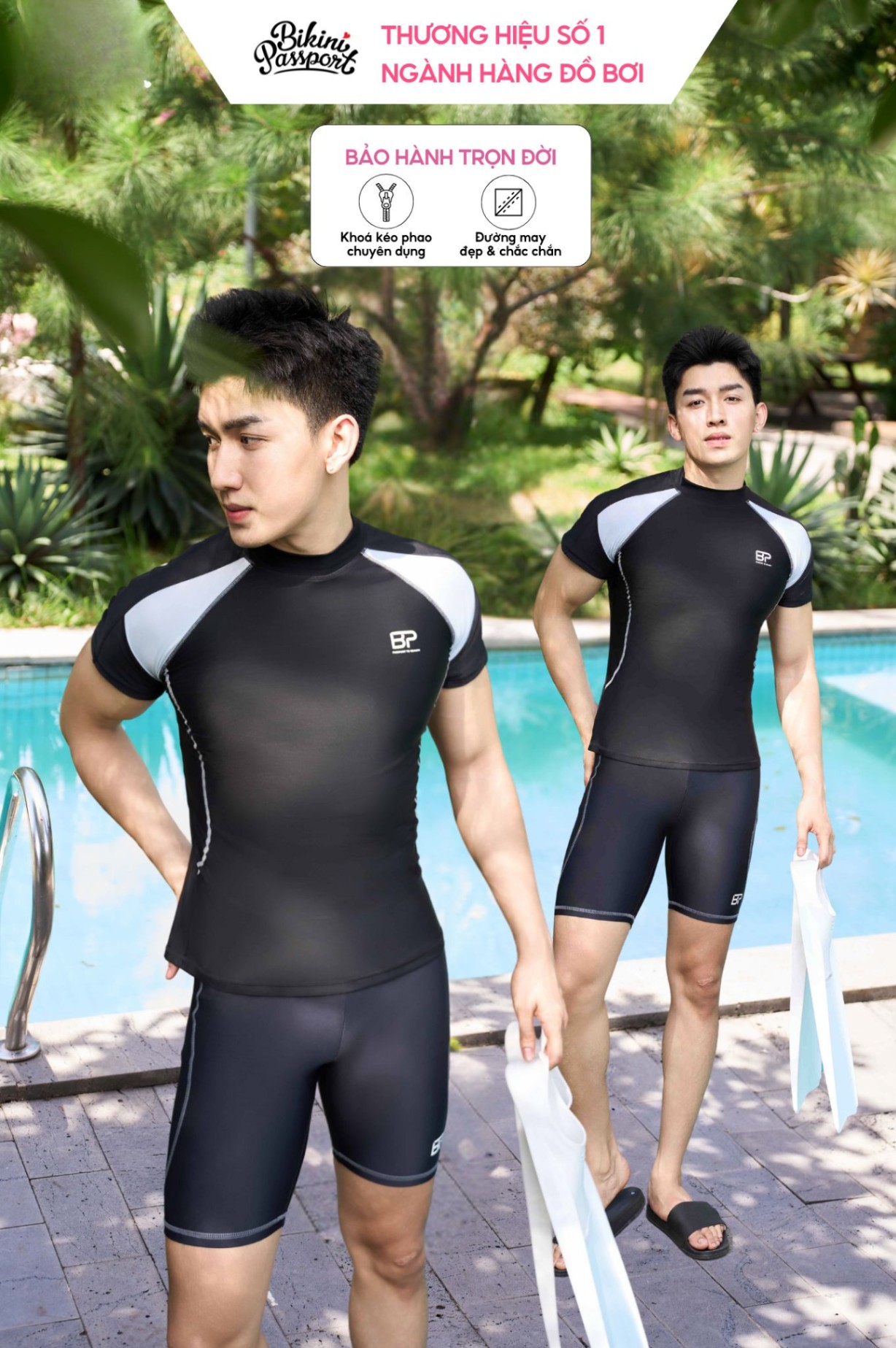 Áo bơi nam tay ngắn thể thao - Đen