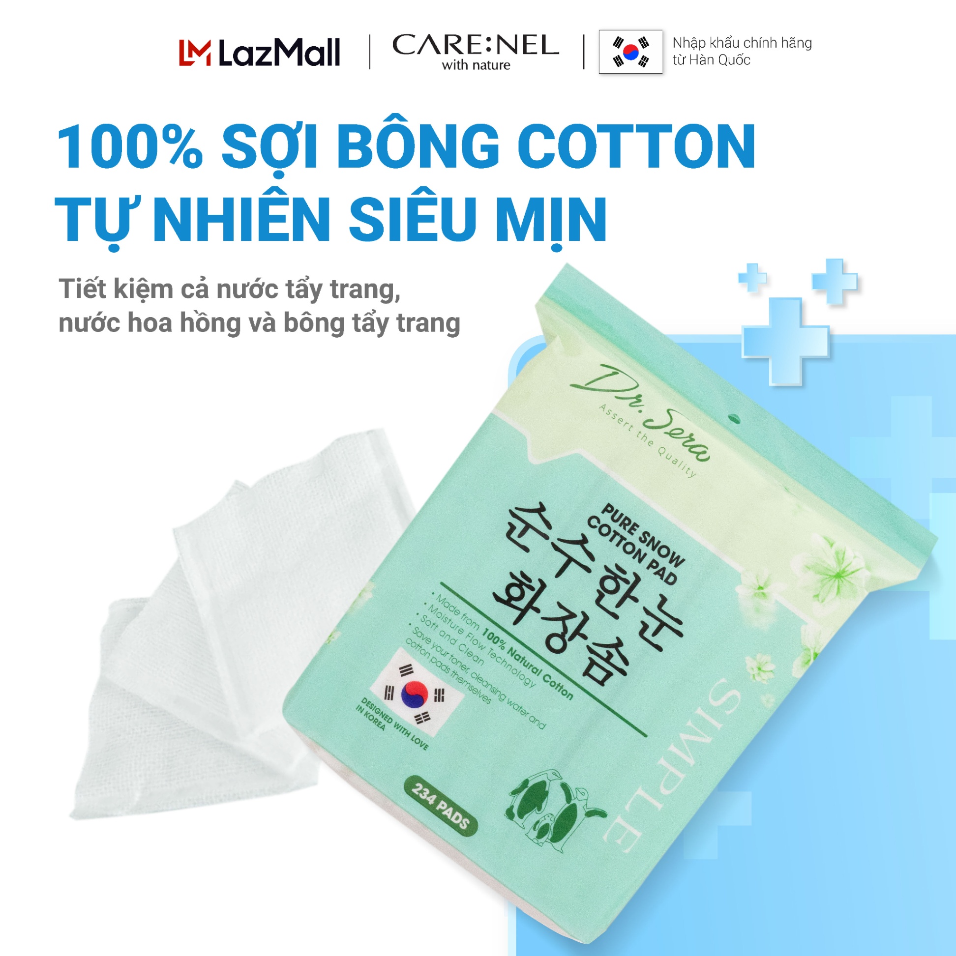 Bông tẩy trang cotton tiệt trùng UV 234 miếng vuông DR.SERA PURE SNOW COTTON PAD