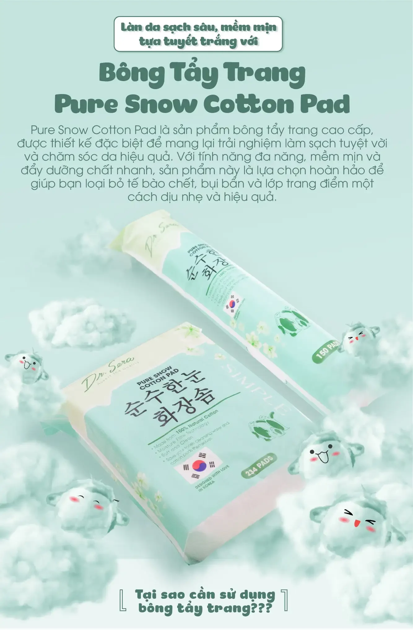 Bông tẩy trang cotton tiệt trùng UV 234 miếng vuông DR.SERA PURE SNOW COTTON PAD