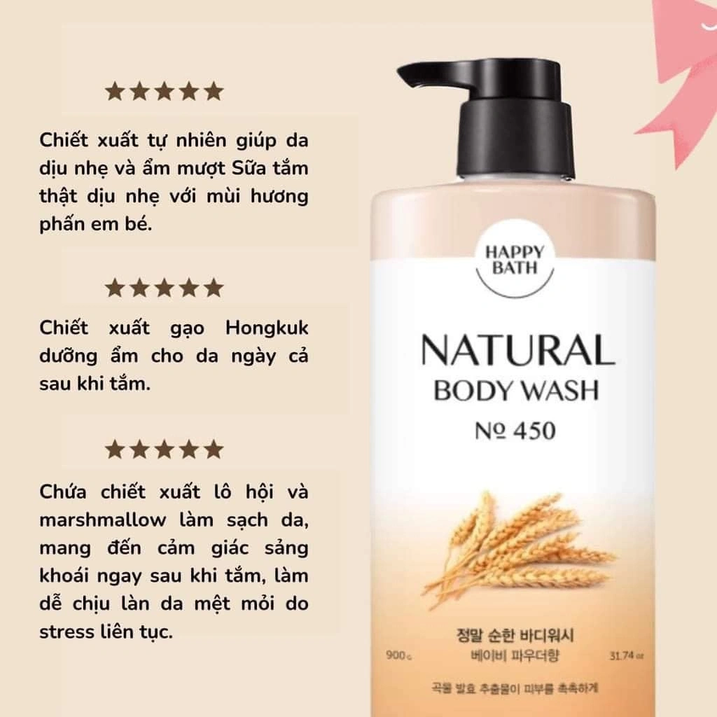 Sữa Tắm Cao Cấp Happy Bath Natural Real Moisture 900ml Hàn Quốc Gạo