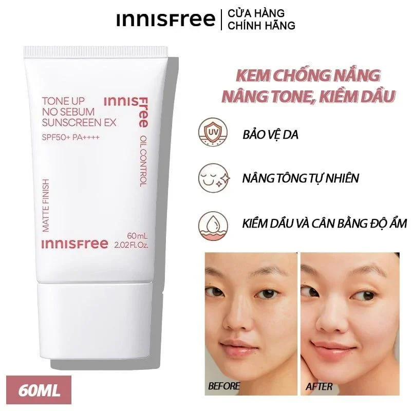 Kem Chống Nắng Nâng Tone, Kiềm Dầu Innisfree Tone Up No Sebum Sunscreen Ex SPF50/PA++++ 60ml