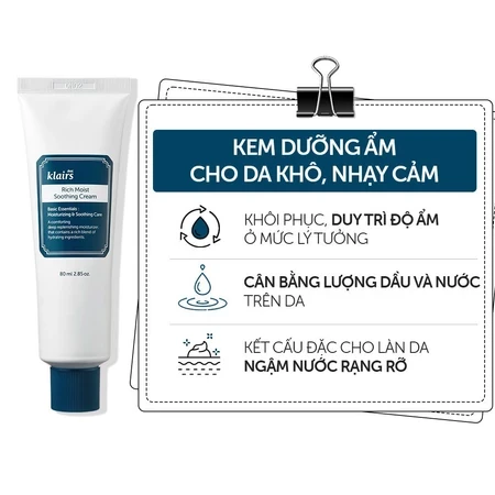 Kem Dưỡng Ẩm Dear Klairs Rich Moist Soothing Cream Cho Da Nhạy Cảm, Hỗ Trợ Làm Mờ Vết Thâm Cho Da Căng Bóng 80ml