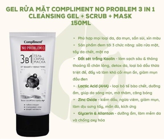 Gel rửa mặt Compliment No Problem – 3in1 Cleansing + Mask + Scrub 150ml