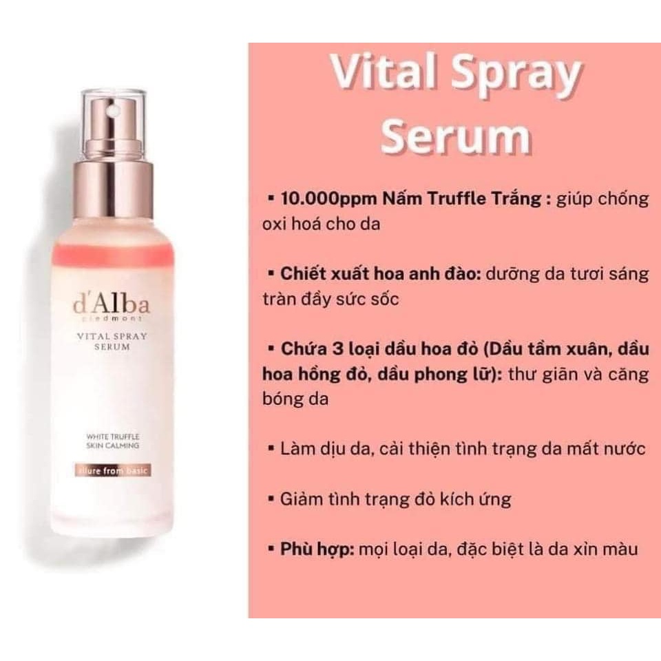 Xịt Khoáng D'Alba White Truffle Vital Spray Serum 100ml (Hồng) – Dưỡng Sáng Da, Chống Lão Hóa