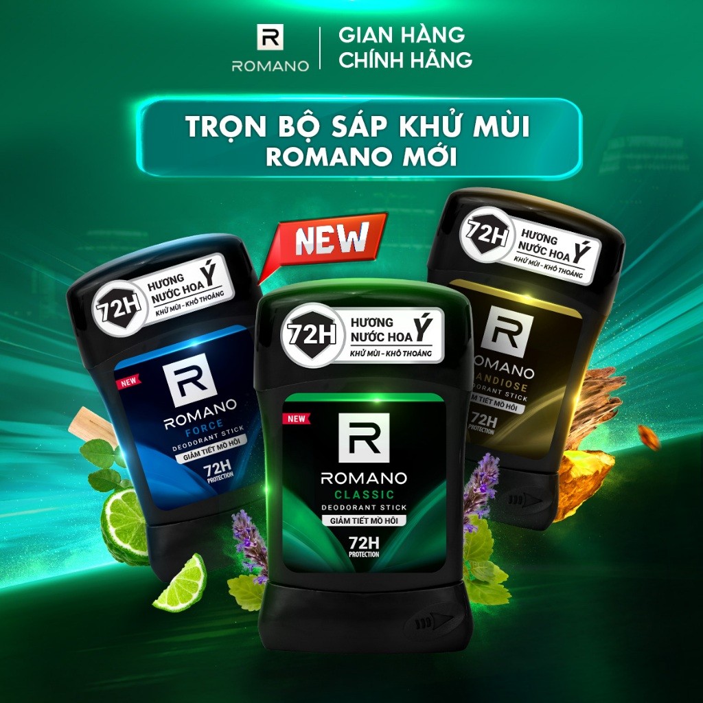 Sáp Ngăn Mùi Romano Deodorant Stick 50g – Khử Mùi 72H, Lưu Hương Ý Lâu Dài