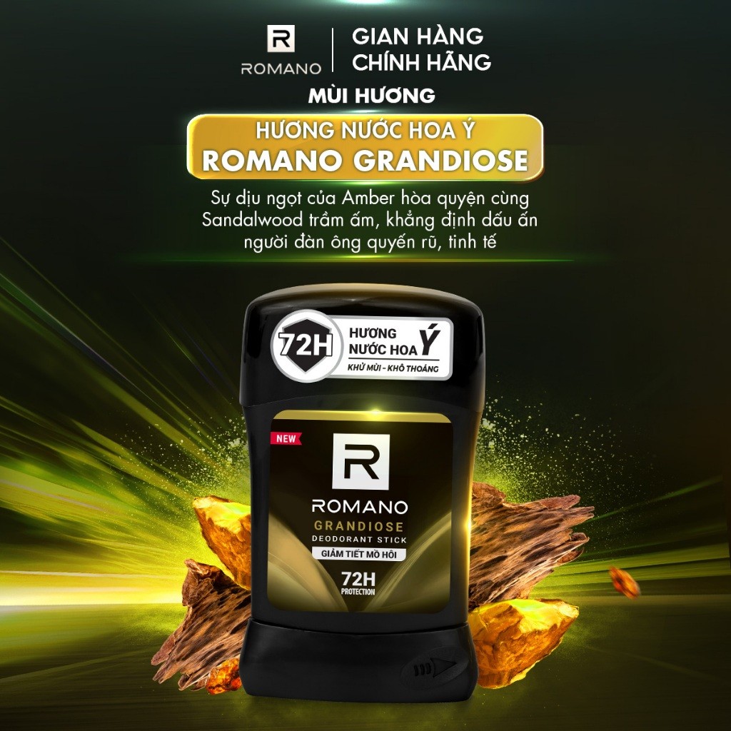 Sáp Ngăn Mùi Romano Deodorant Stick 50g – Khử Mùi 72H, Lưu Hương Ý Lâu Dài