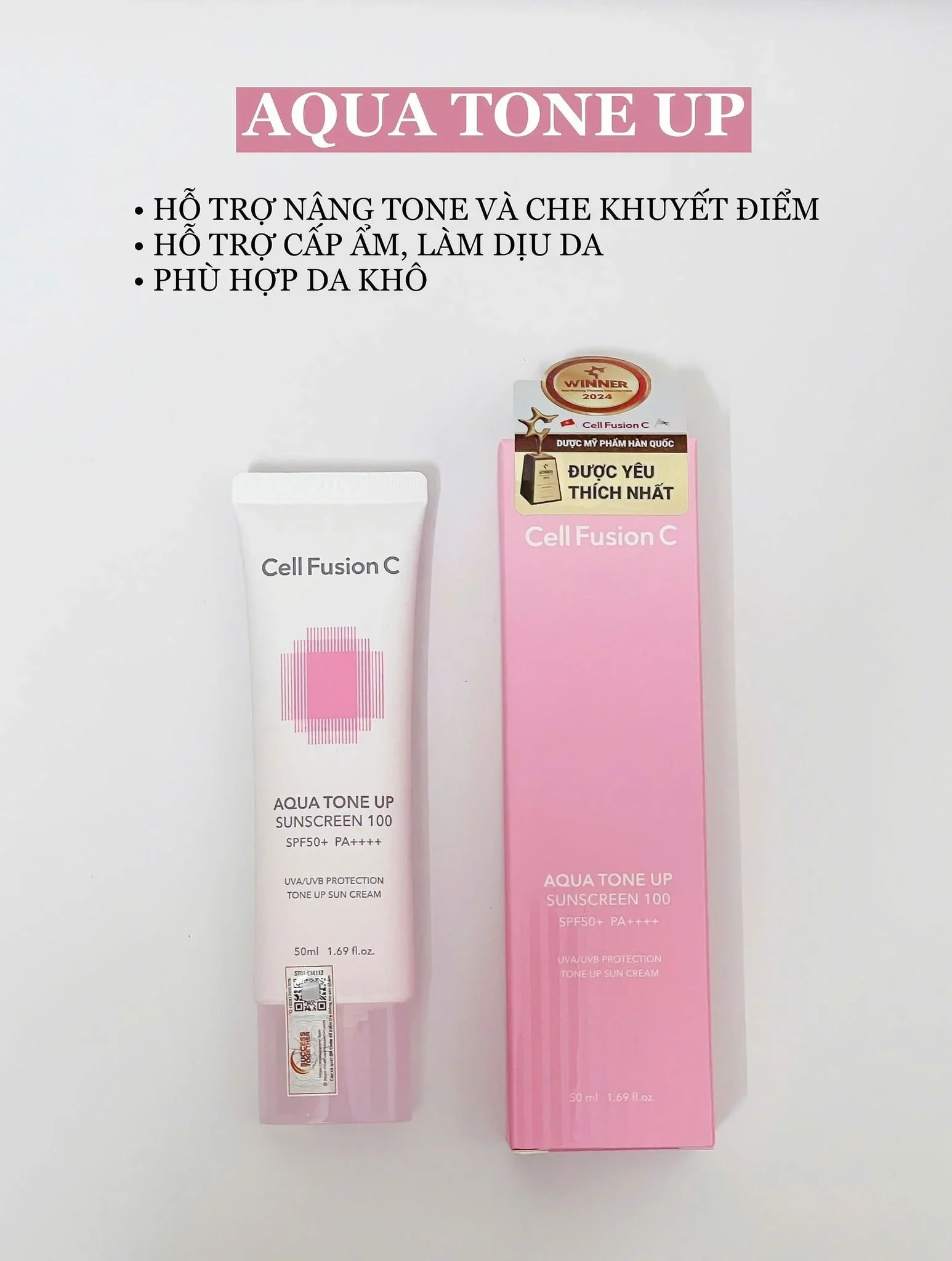 Kem chống nắng CELL FUSION C AQUA TONE UP SUNCREEN 100 SPF50+ (HỒNG 2025)