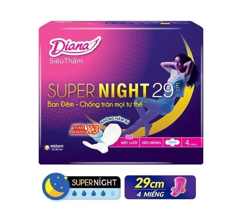Băng Vệ Sinh Diana Siêu Thấm ban đêm Supernight 29cm - 4 Miếng