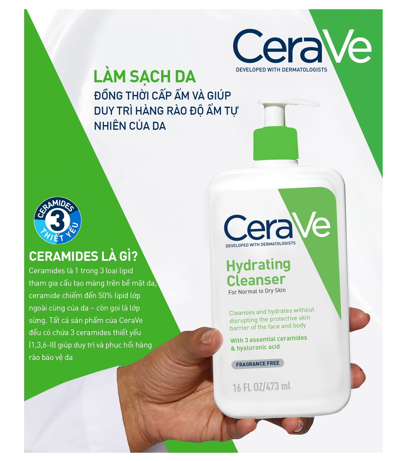 Sữa Rửa Mặt Cerave Cho Da Thường và Khô Hydroting Cleanser (xanh lá) 473ml