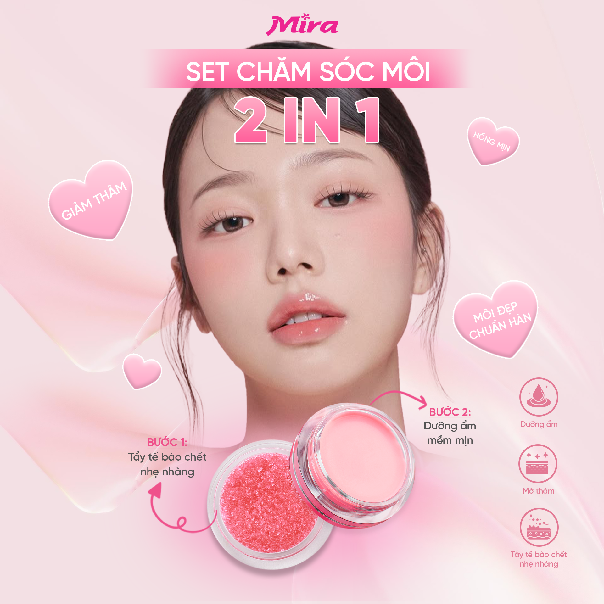 Set Tẩy Tế Bào Chết & Dưỡng Môi Giảm Thâm Mira 2in1 – Giải pháp giúp môi hồng mềm, giảm thâm và luôn căng mọng tự nhiên
