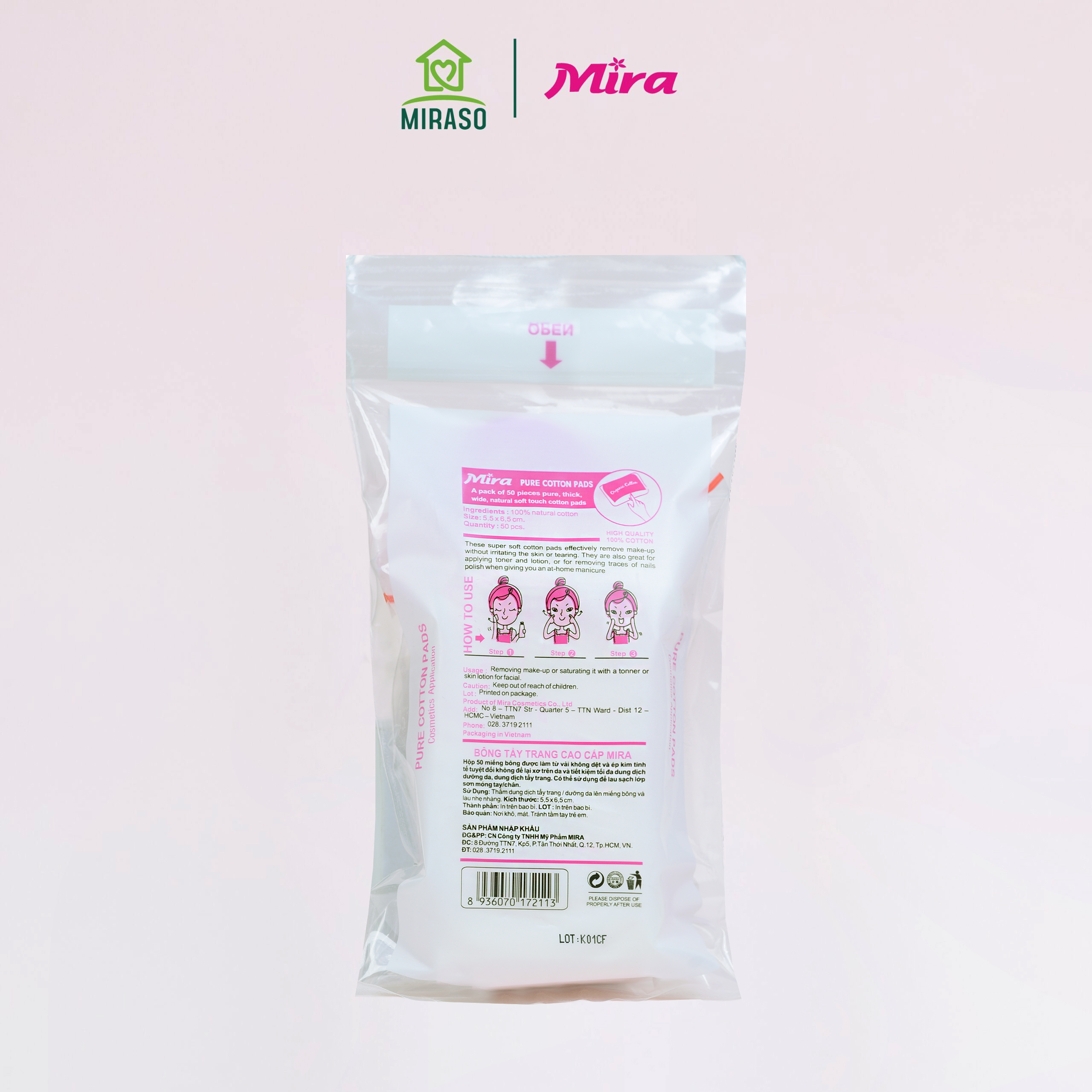 Bông Tẩy Trang Cao Cấp Mira (Hộp 50 Miếng) B685