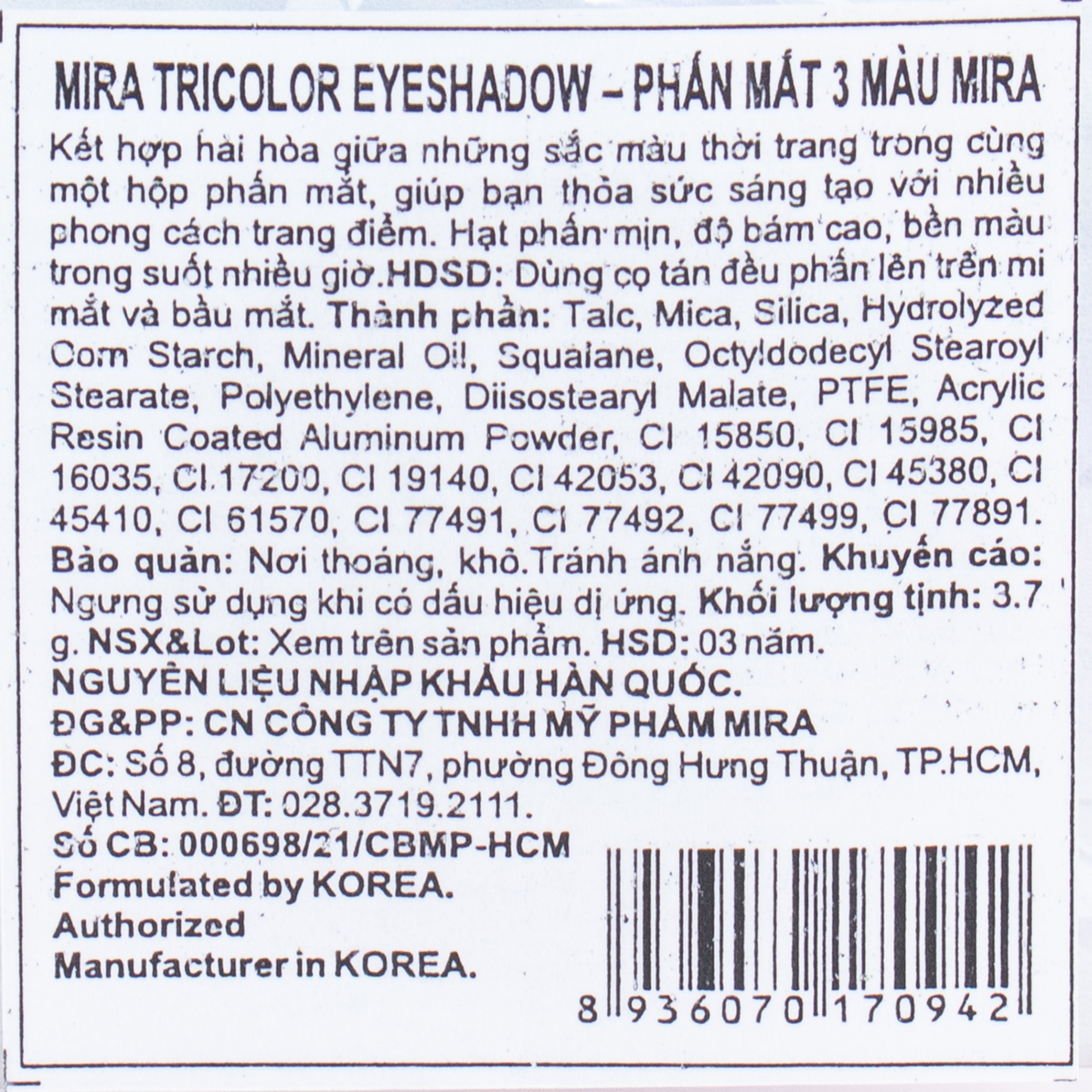 Phấn Mắt Mira Tricolor Eyeshadow 3 Màu Thời Trang