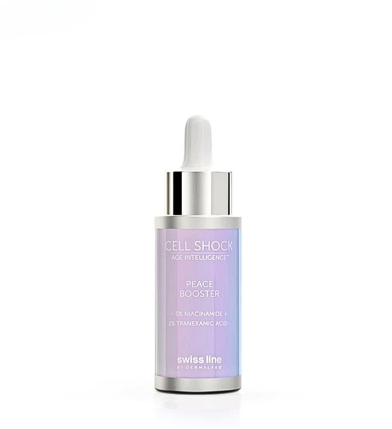 Serum êm dịu da, đặc trị nám, tăng sinh sắc tố sau viêm, chống đỏ da dị ứng, mụn trứng cá đỏ, giảm kích ứng nhạy cảm Swissline Cell Shock AI Peace Booster 5% Niacinamide + 2% Tranexamic acid 20ml (R) (HSD: 5/28)