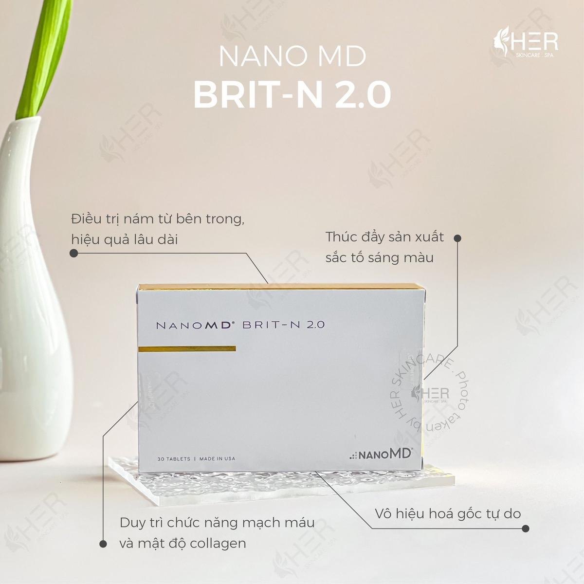 Viên uống sáng da, giảm viêm bảo vệ da khỏi tác nhân tia UV, Tăng sinh collagen Nano MD Brit-N 2.0TM 30 viên (R) (HSD: 9/28)