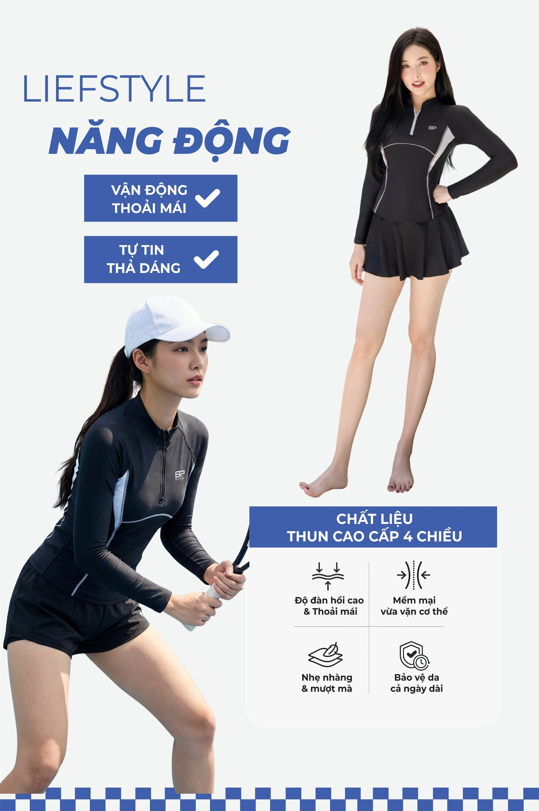 Áo bơi BIKINI PASSPORT tay dài phối kiểu - Đen Trắng