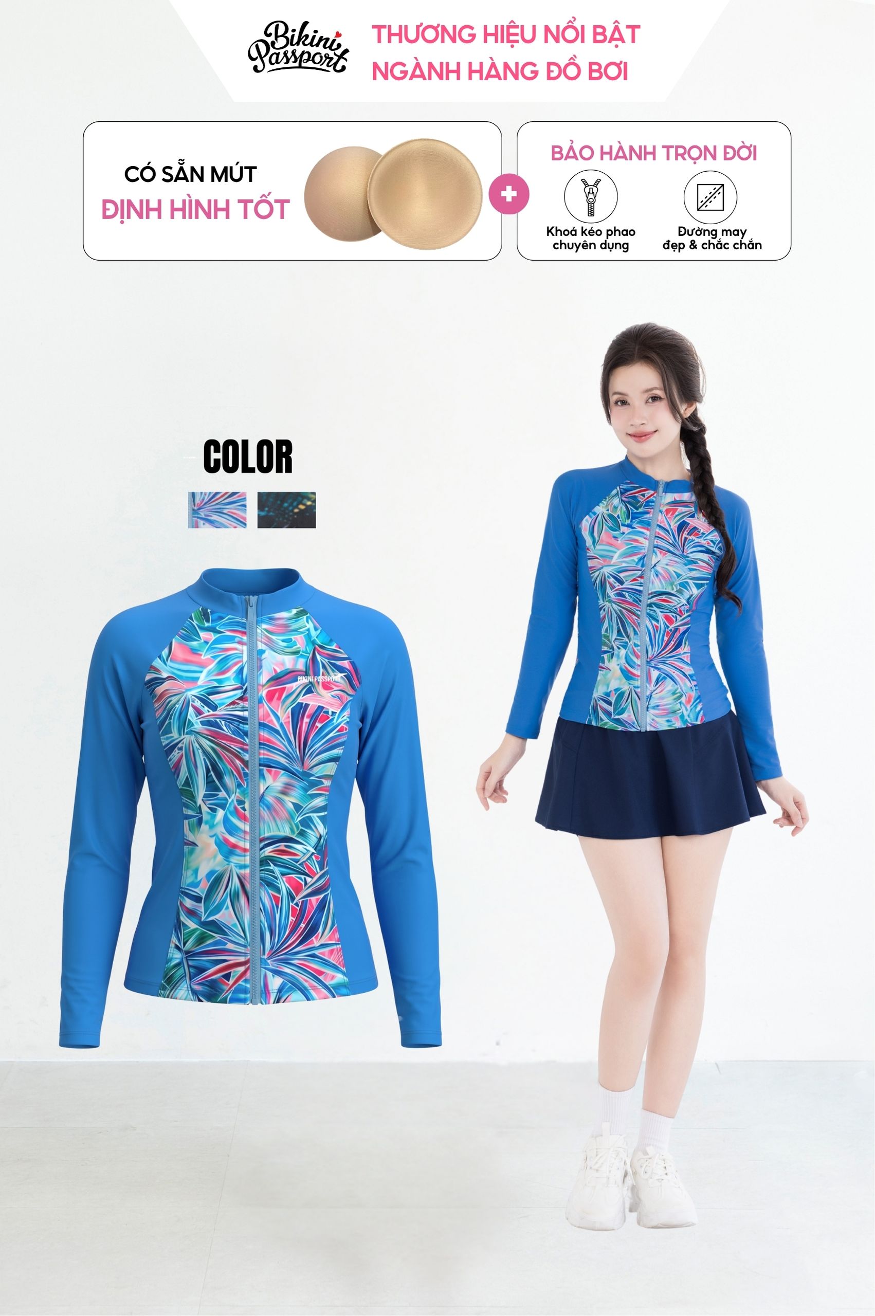Áo bơi Nữ tay dài có khóa - BSV001_IN