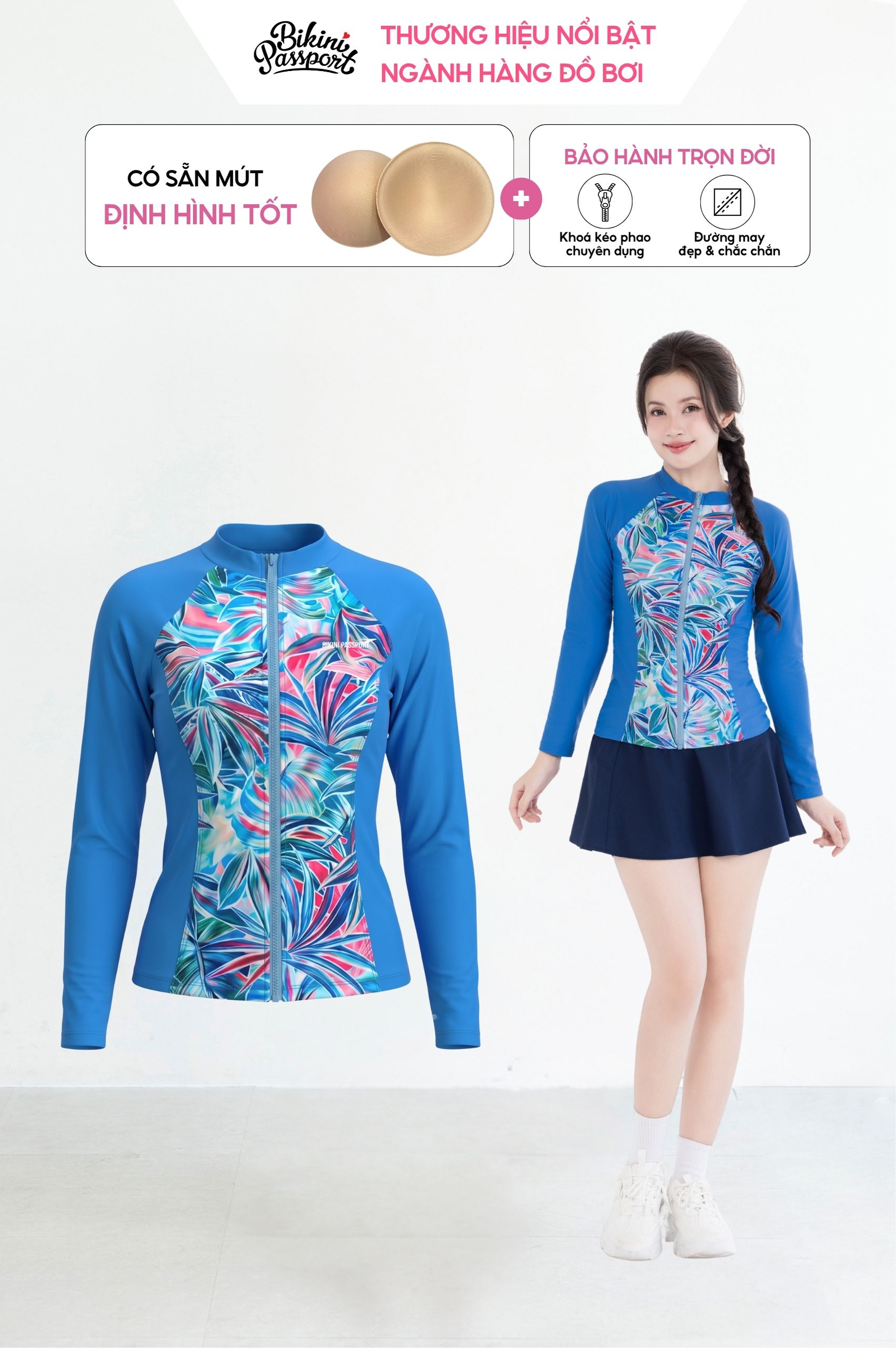 Áo bơi Nữ tay dài có khóa - BSV001_IN