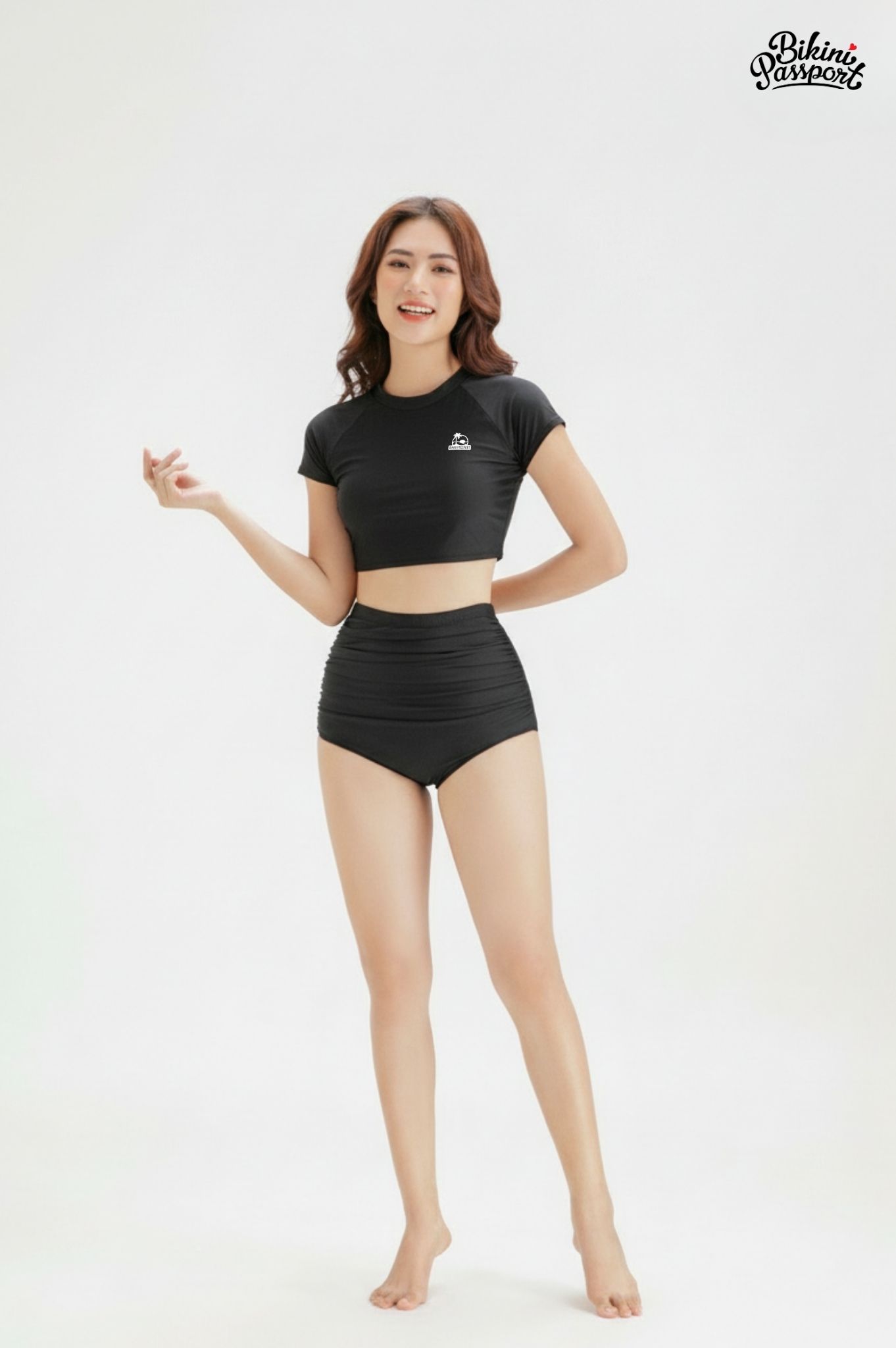 Áo bơi lẻ Croptop tay ngắn - Đen