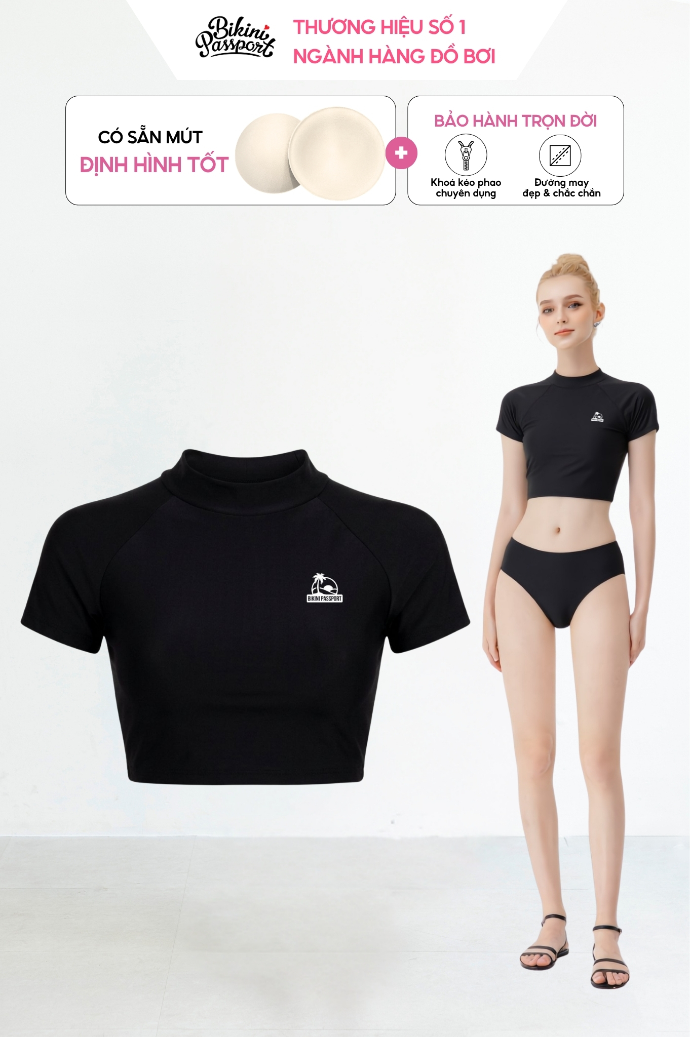 Áo bơi lẻ Croptop tay ngắn - Đen