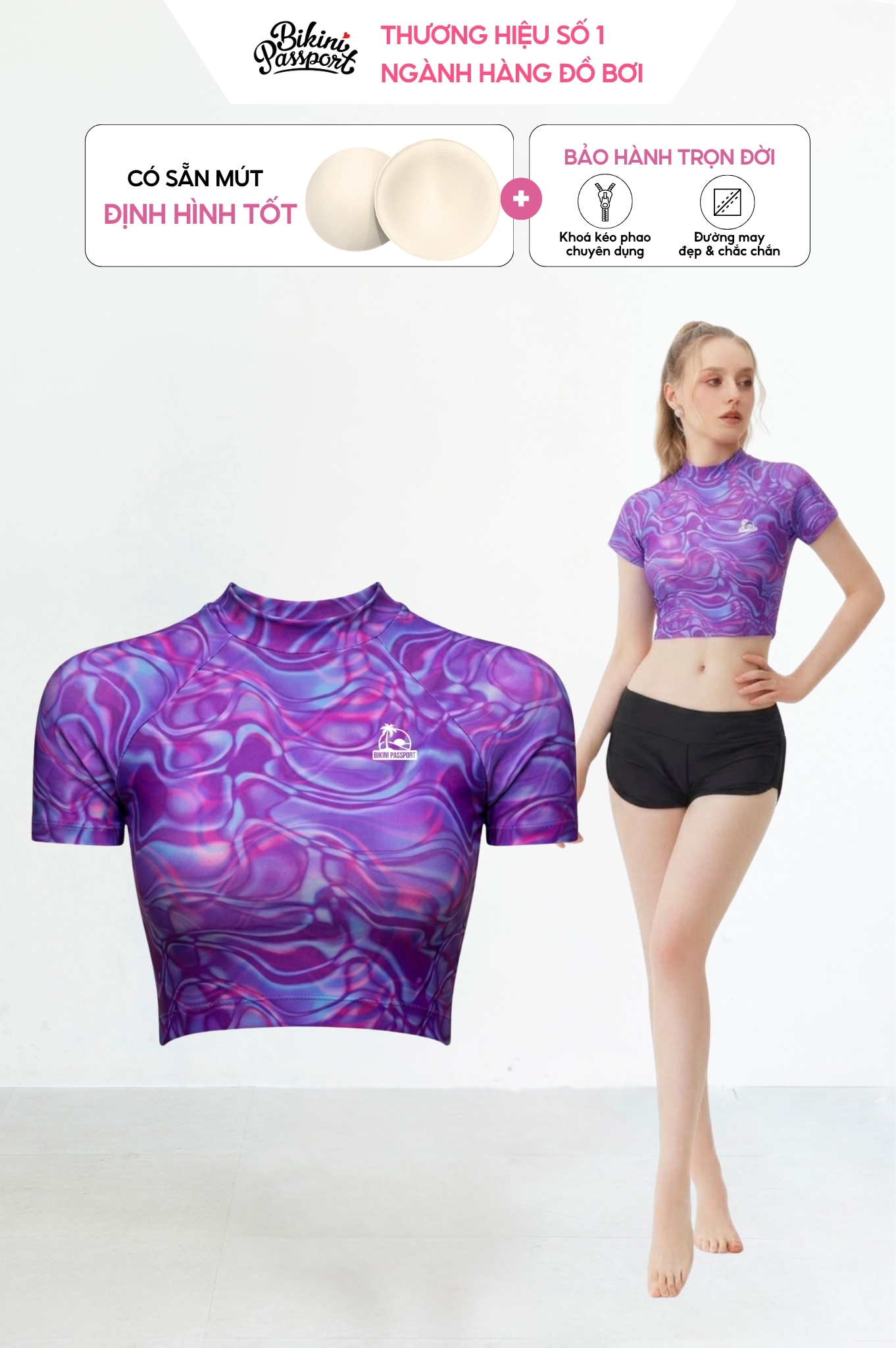 Áo bơi lẻ Croptop tay ngắn - Tím