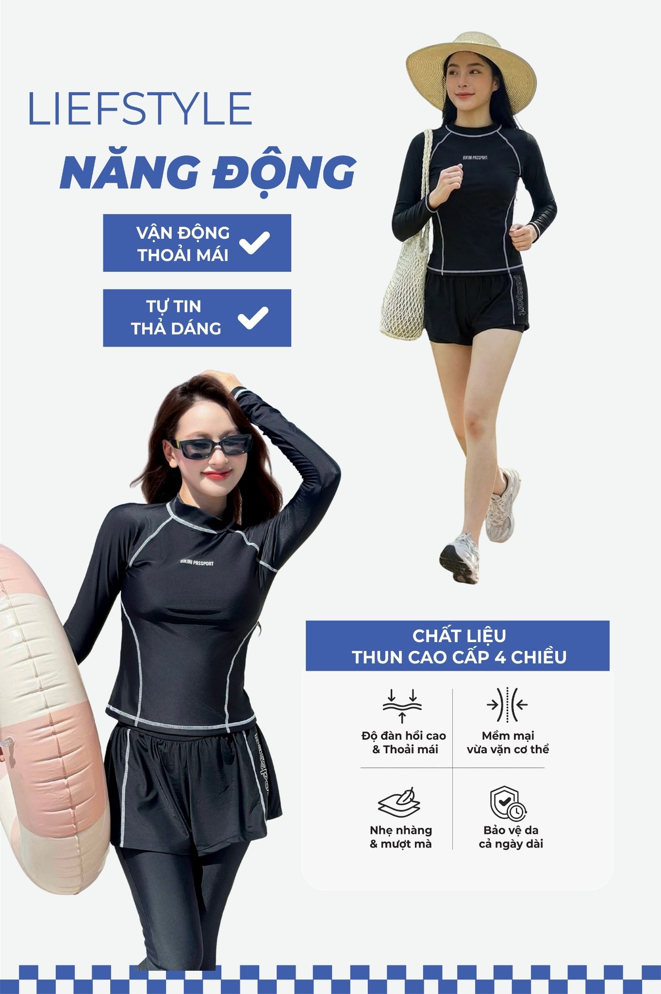 Áo bơi tay dài may 4 kim - Đen Trắng