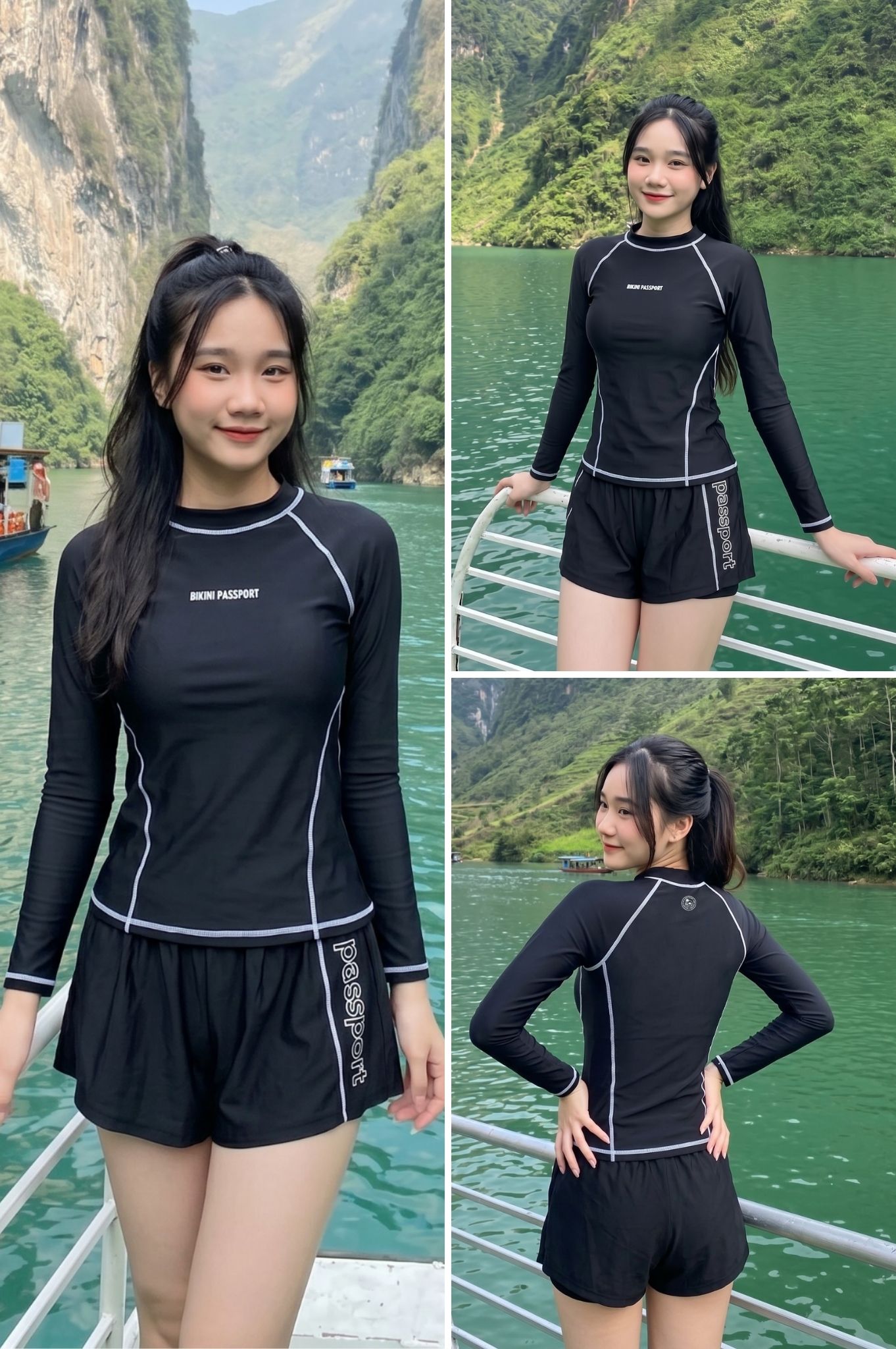 Áo bơi tay dài may 4 kim - Đen Trắng