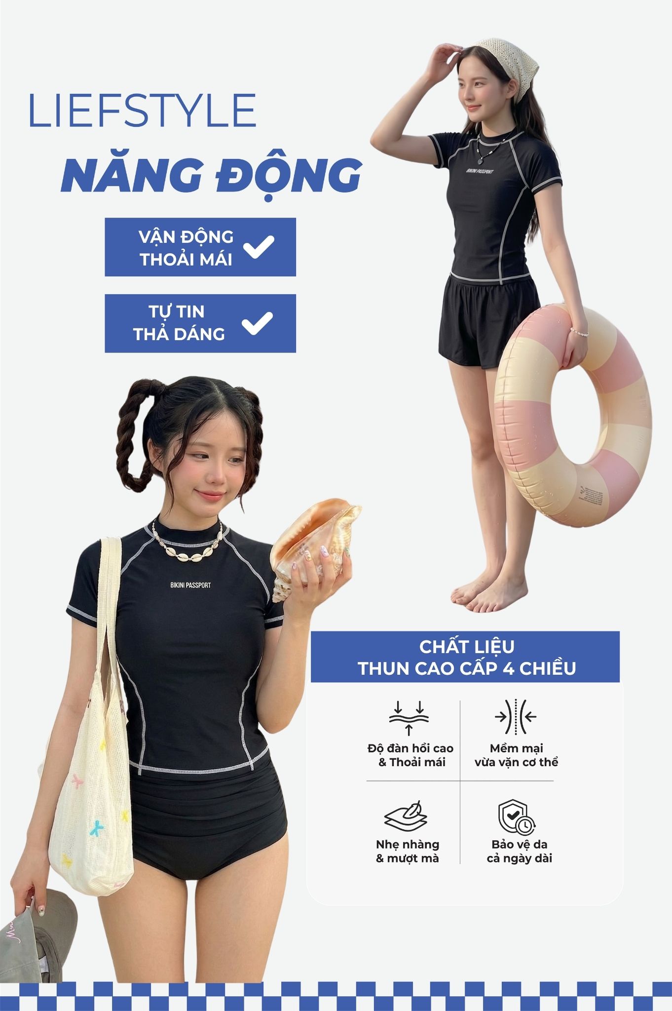 Áo bơi tay ngắn may 4 kim - Đen Trắng