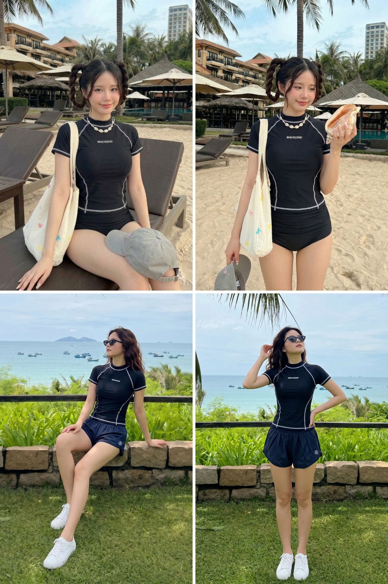 Áo bơi tay ngắn may 4 kim - Đen Trắng