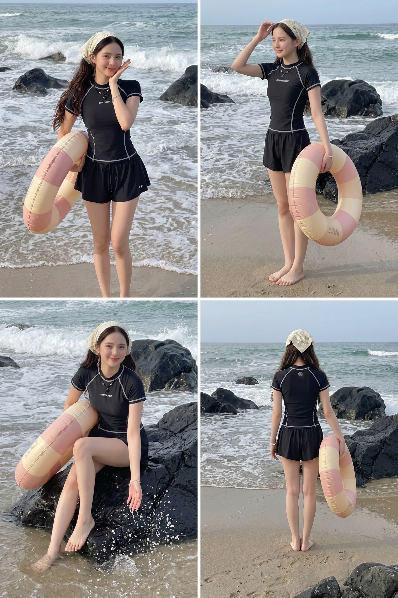 Áo bơi tay ngắn may 4 kim - Đen Trắng