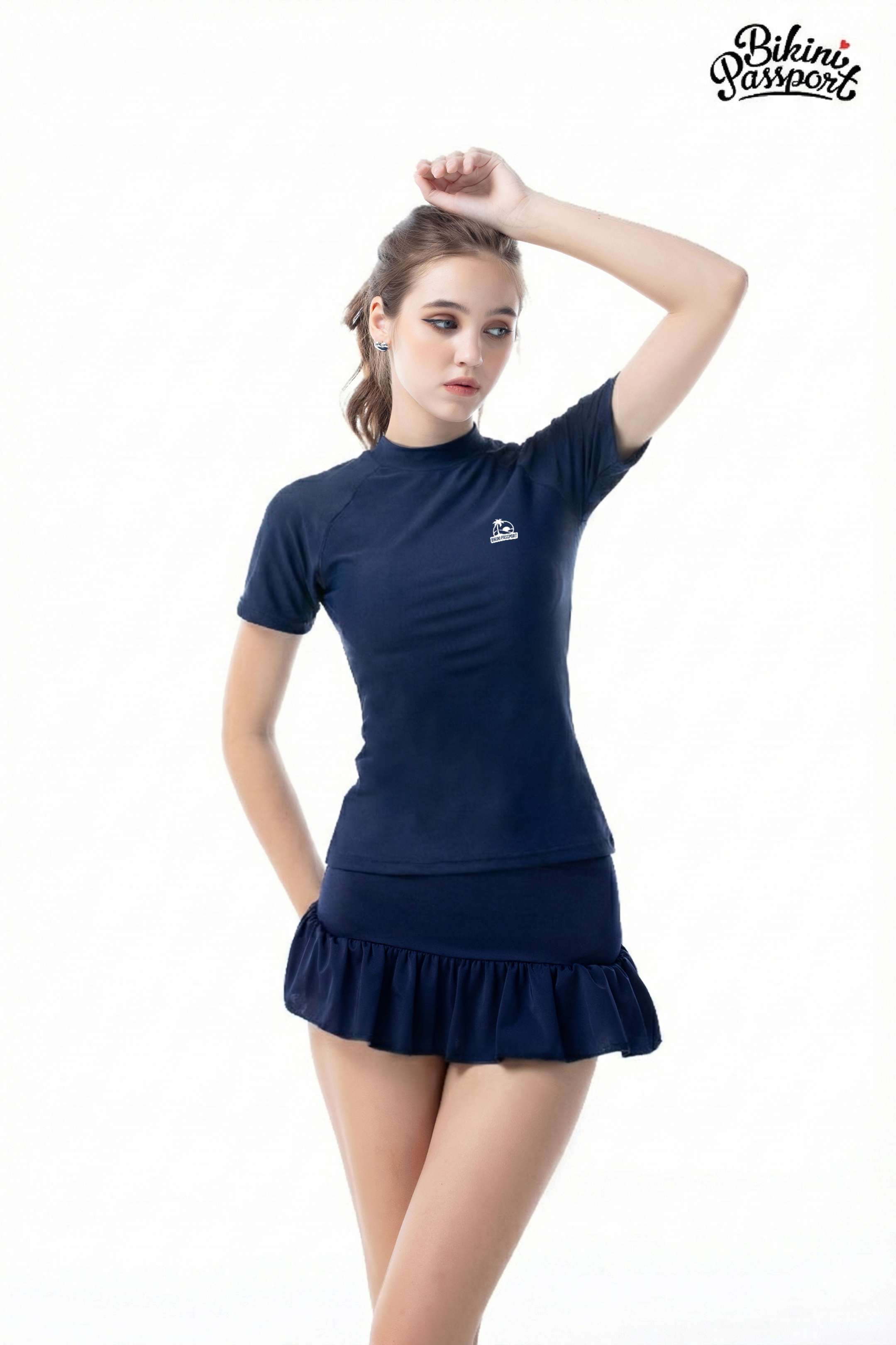 Áo lẻ tay ngắn phối họa tiết - Xanh navy