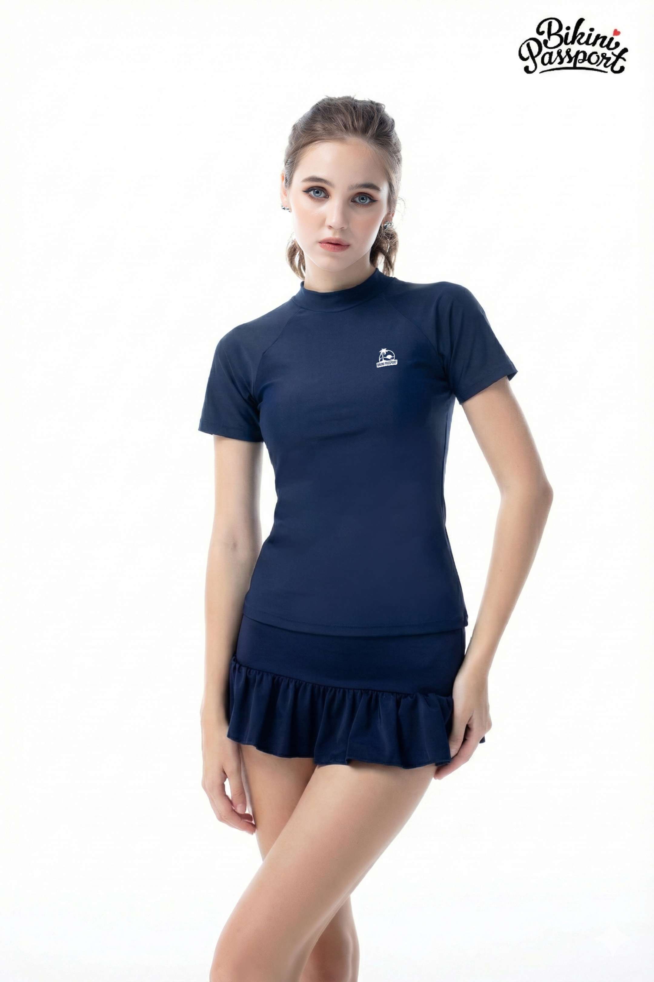Áo lẻ tay ngắn phối họa tiết - Xanh navy