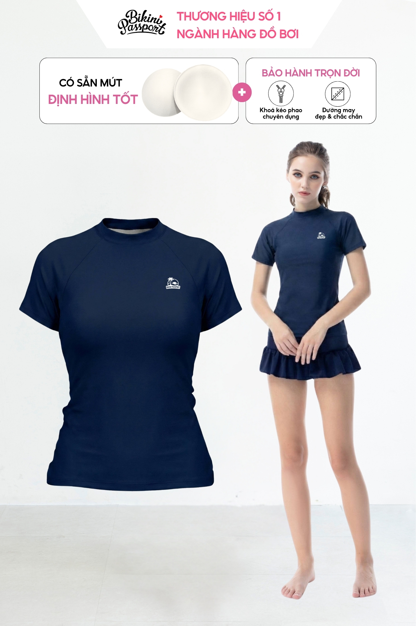 Áo lẻ tay ngắn phối họa tiết - Xanh navy
