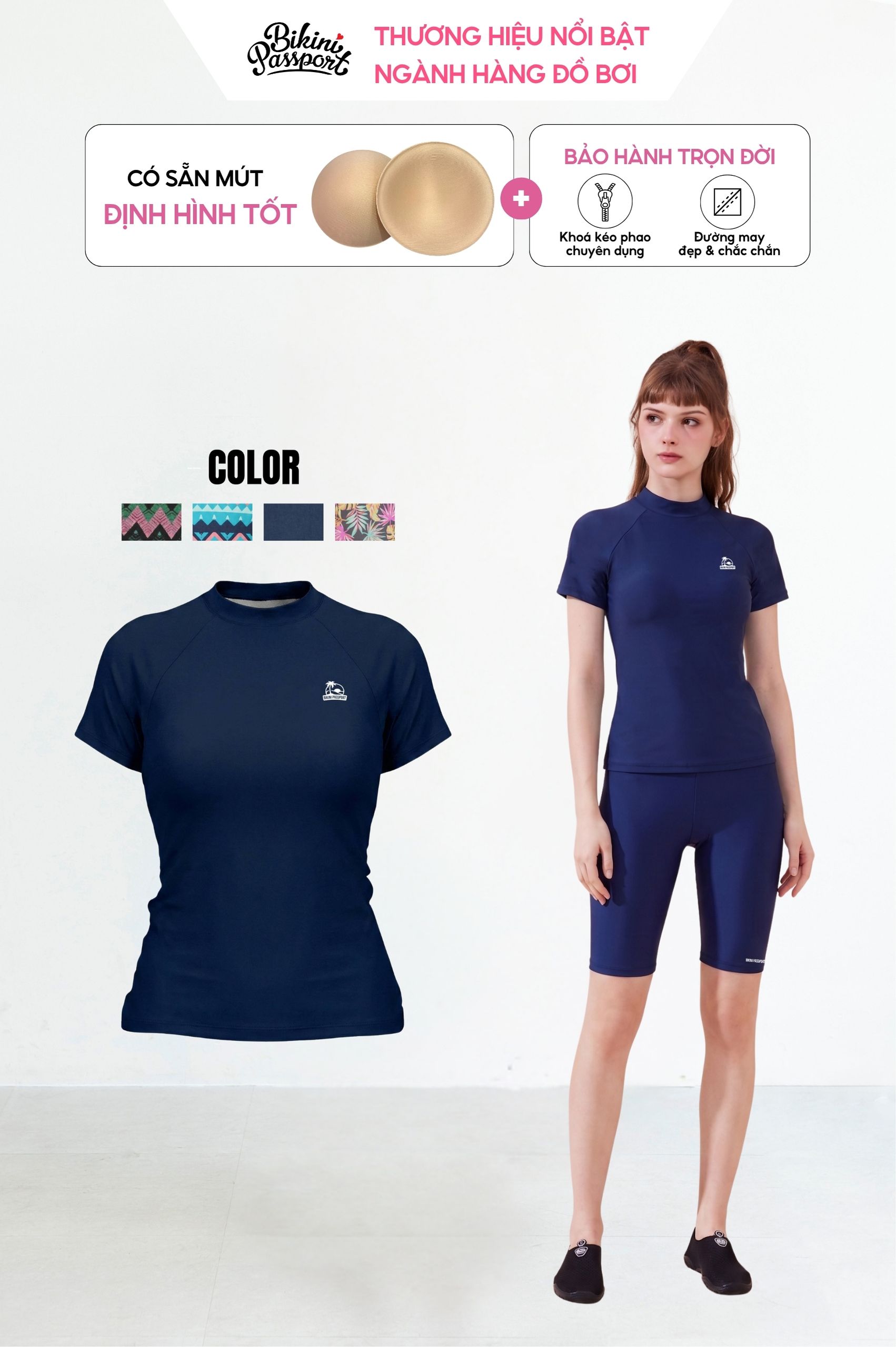 Áo lẻ tay ngắn phối họa tiết - Xanh navy