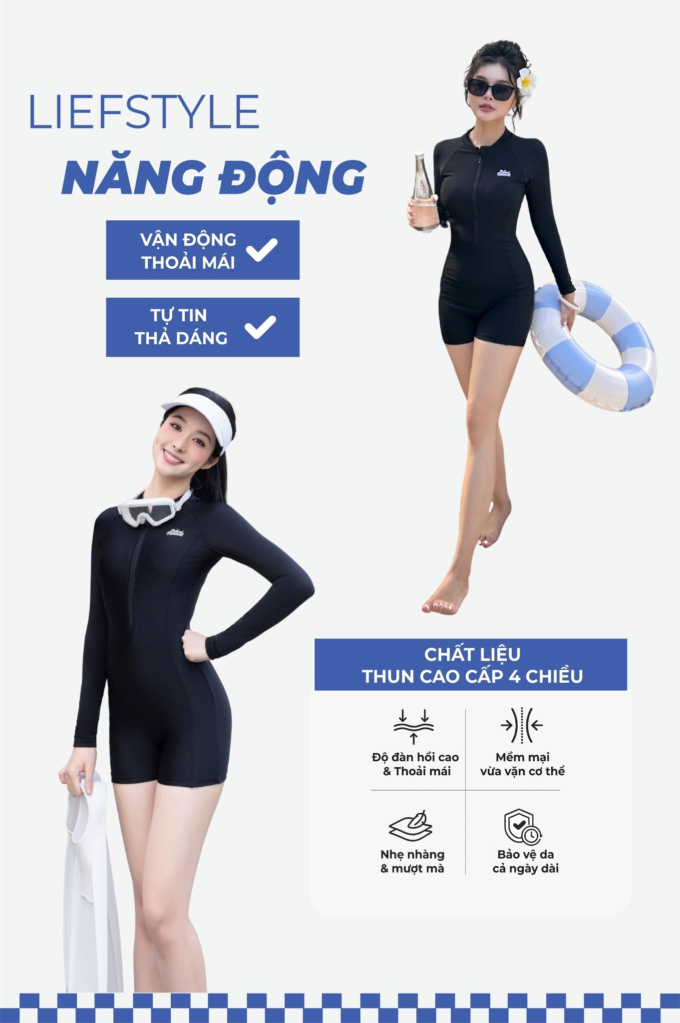 Bộ đồ bơi NỮ kiểu Một mảnh quần short, áo tay dài - Đen