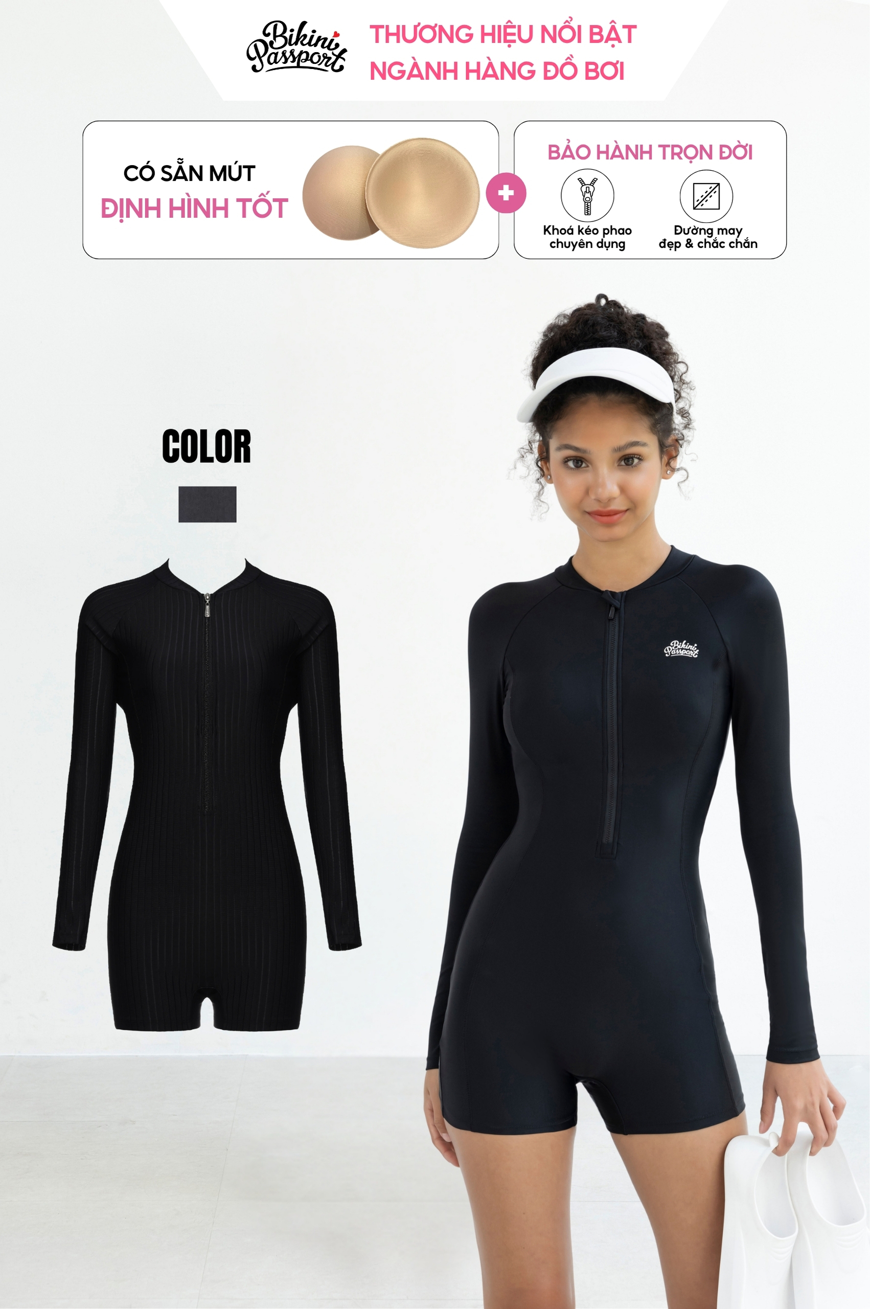 Bộ đồ bơi NỮ kiểu Một mảnh quần short, áo tay dài - Đen