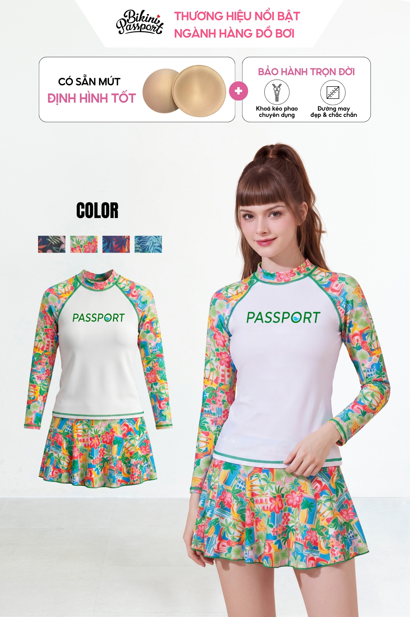 Bộ đồ bơi Nữ hai mảnh váy tay dài - BS358_FLO