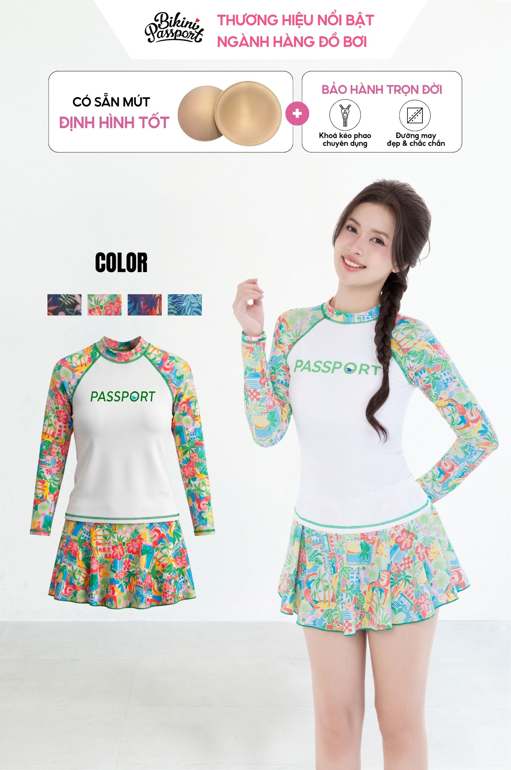 Bộ đồ bơi Nữ hai mảnh váy tay dài - BS358_FLO