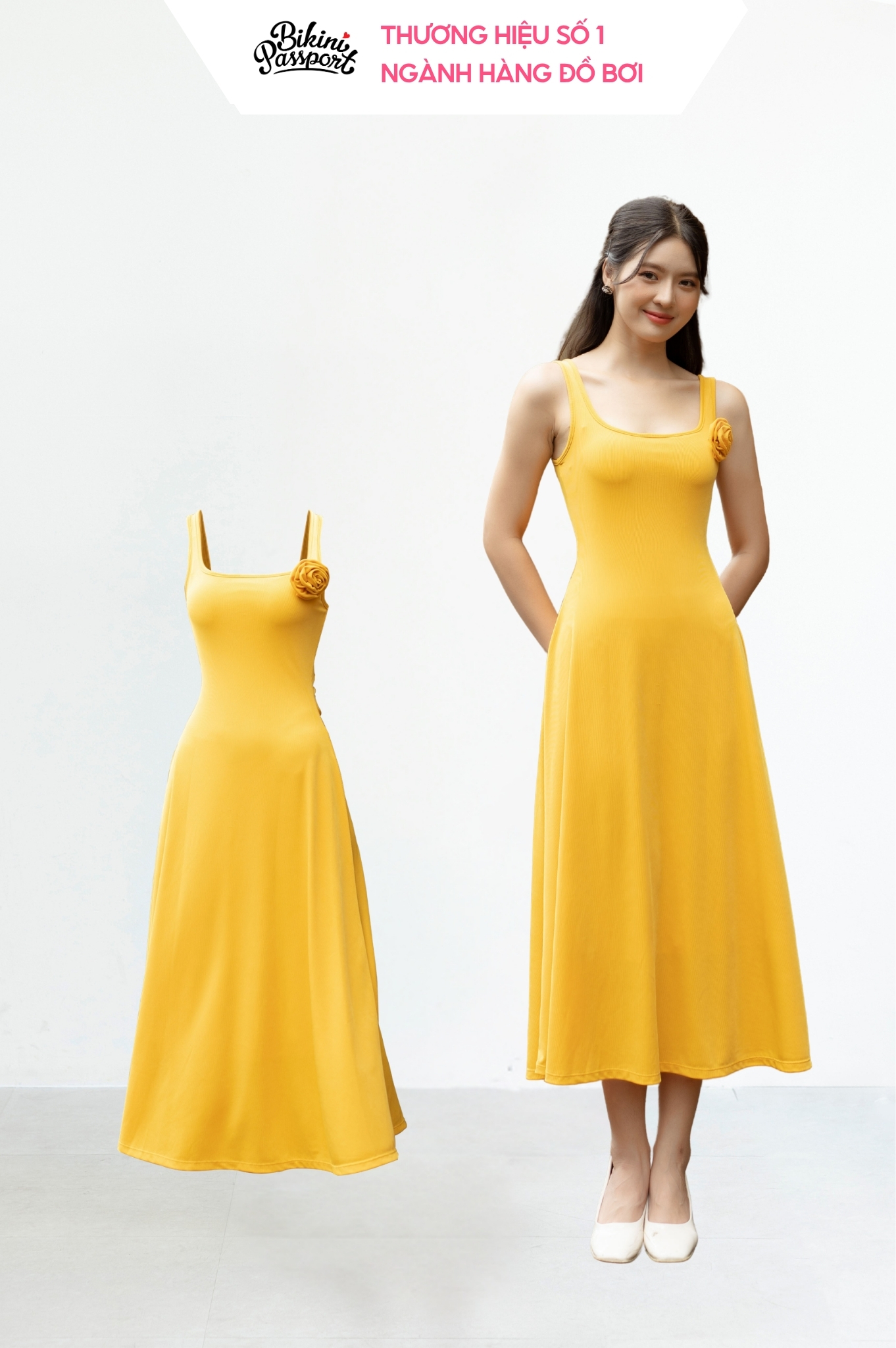 Đầm dài cổ vuông đính hoa Thun gân dẻo - Vàng
