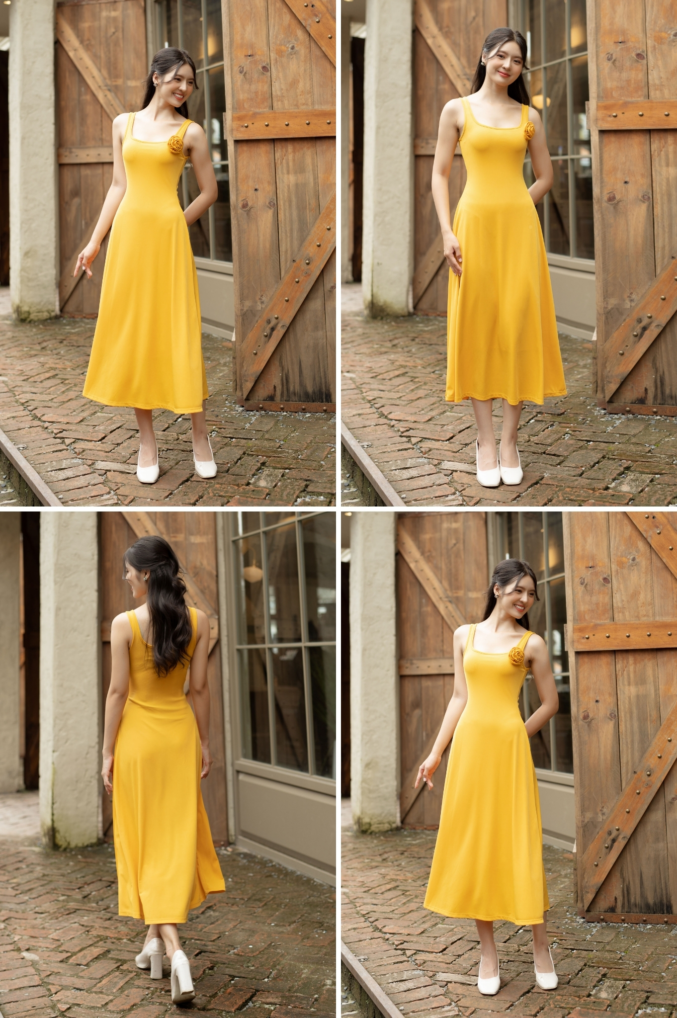 Đầm dài cổ vuông đính hoa Thun gân dẻo - Vàng