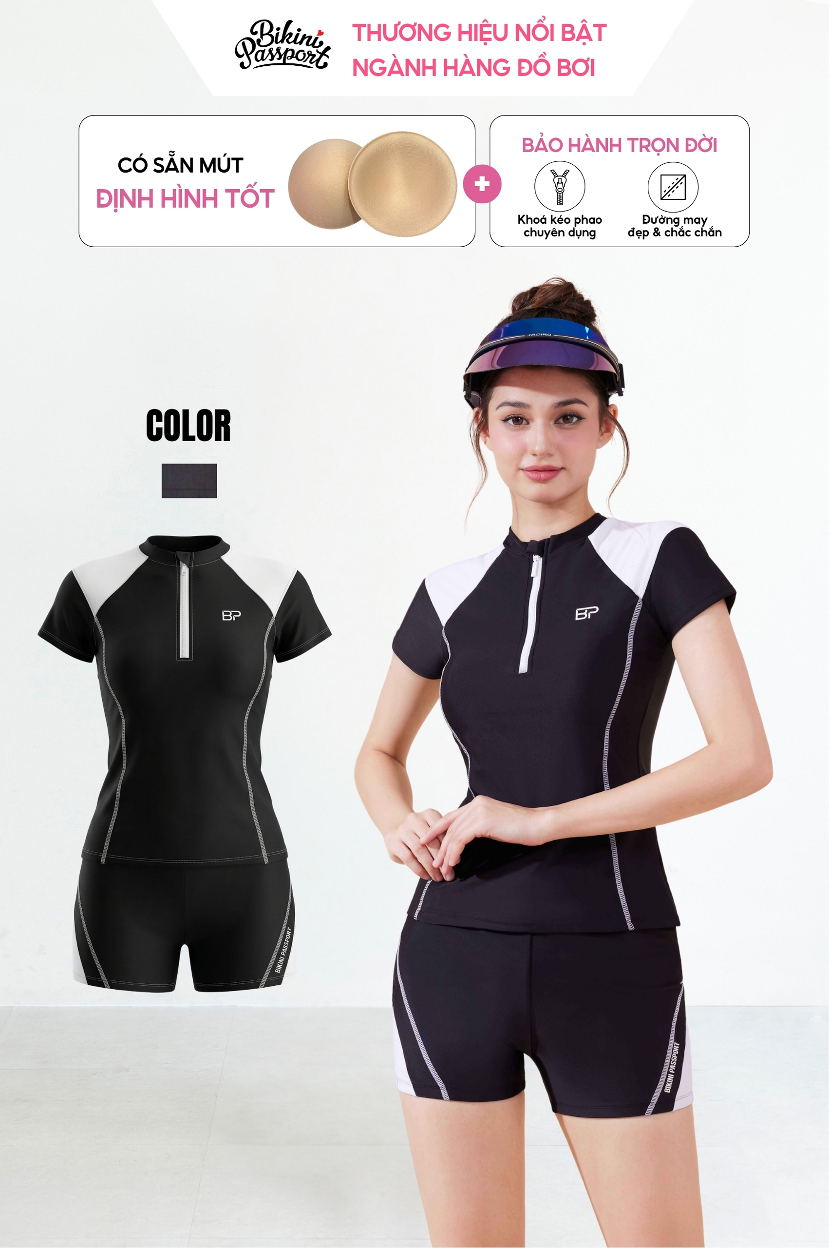 Đồ bơi BIKINI PASSPORT hai mảnh short ngắn - Đen Trắng